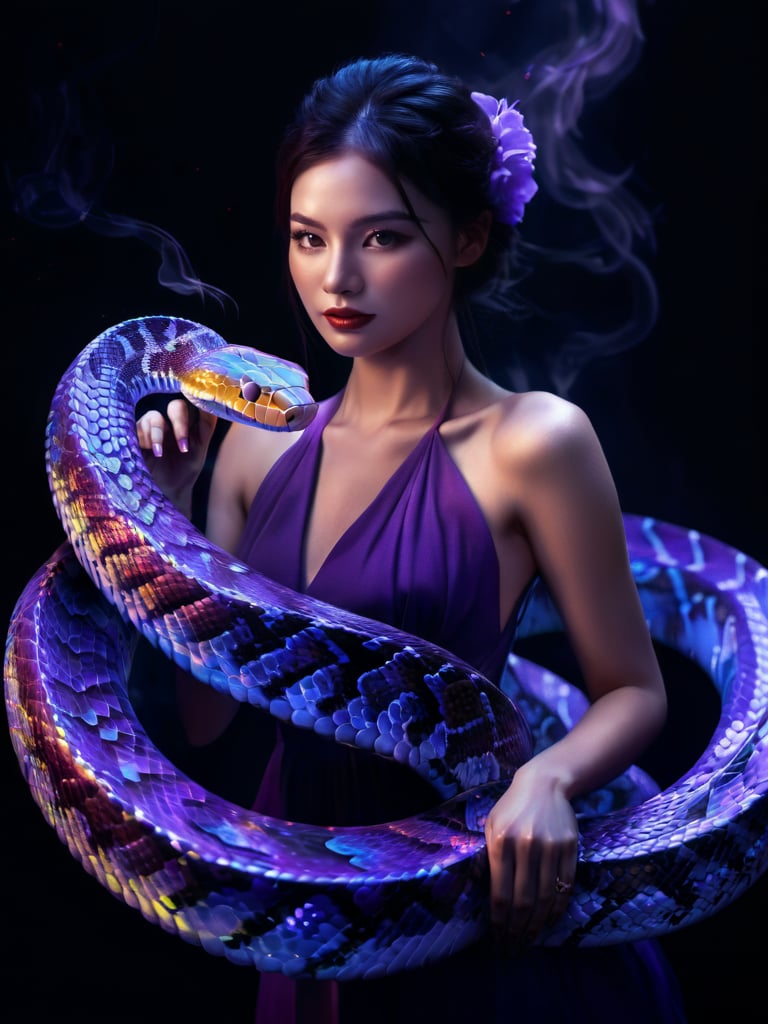 (a glowing snake:1.5), a girl wearing a purple dress, lighting, fantasy, black background, high detail, cinematic <lora:Glowing Snake:0.85>