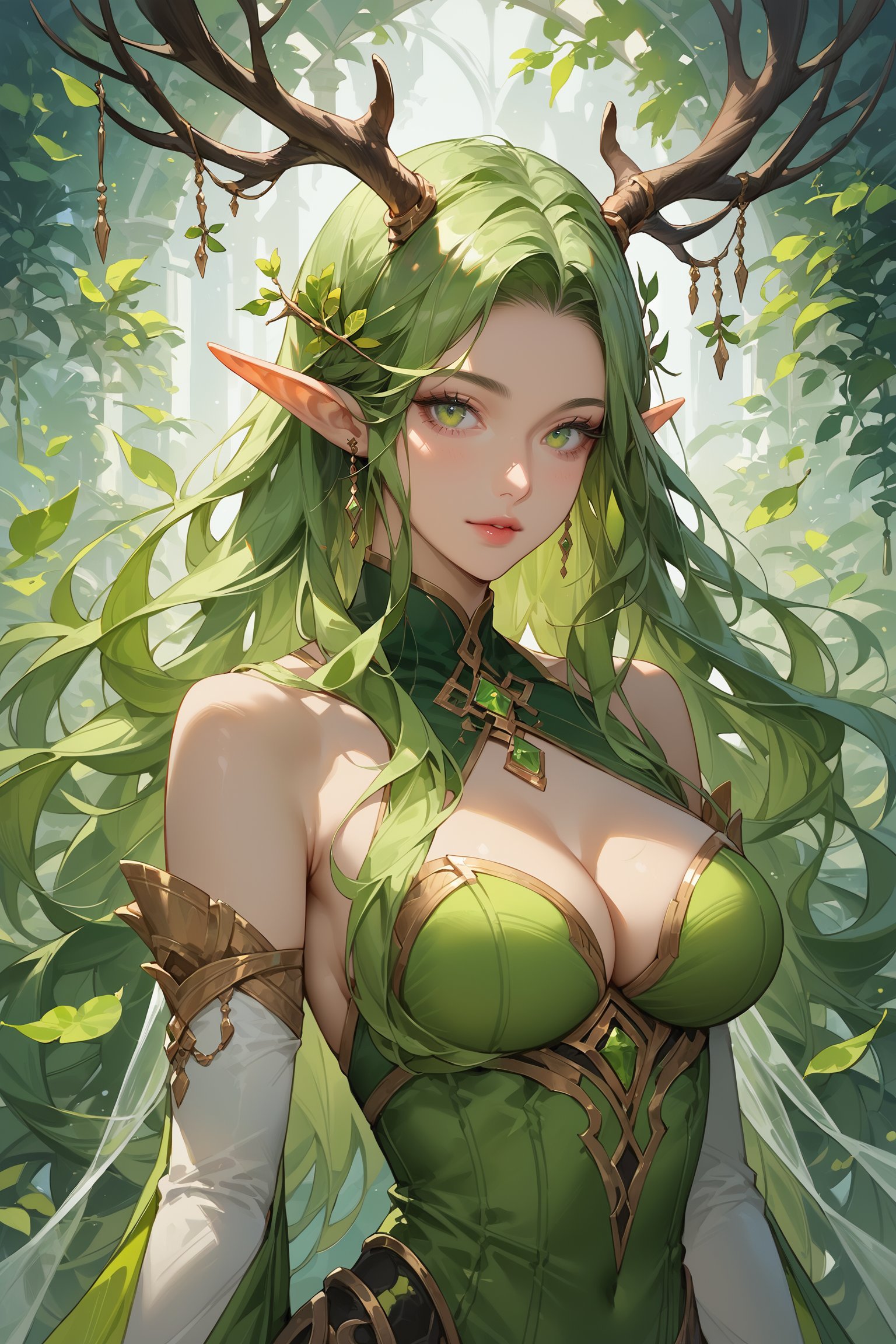 score_9, score_8_up, score_7_up, masterpiece, best quality, absurdres, very aesthetic, source_anime, detailed illustration, 8K UHD, upper body, 1girl, solo, looking at viewer, long hair, medium breasts, cleavage, bare shoulders, green eyes, detached sleeves, green hair, pointy ears, leaf, elf, green dress, antlers