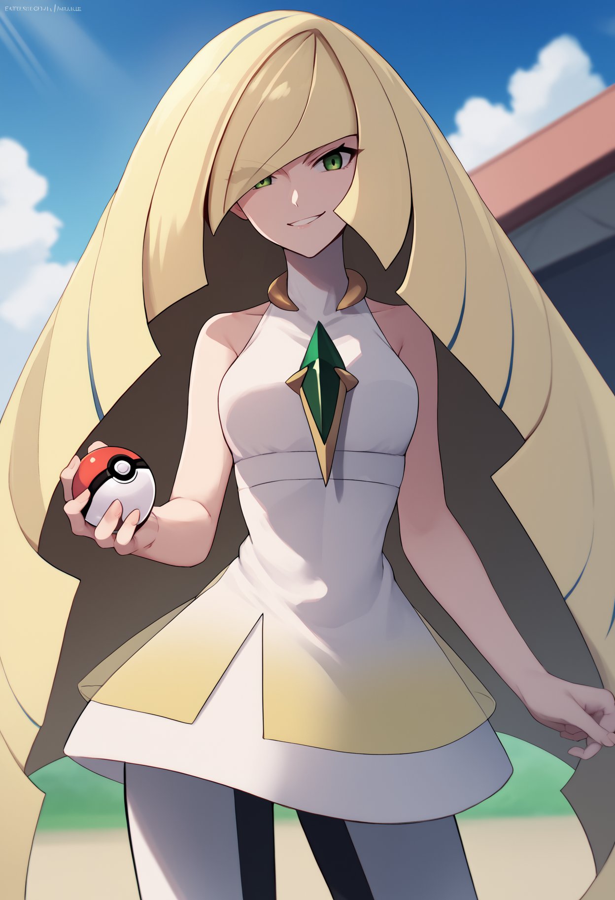 score_9, score_8_up, score_7_up, source_anime BREAK 1girl, solo, <lora:lusamine-pokemon-richy-v1_pdxl:1> lsmndef, green eyes, blonde hair, very long hair, bangs, hair over one eye, chest jewel, white dress, sleeveless, leggings, standing, looking at viewer, holding poke ball, poke ball, smirk, outdoors, blue sky