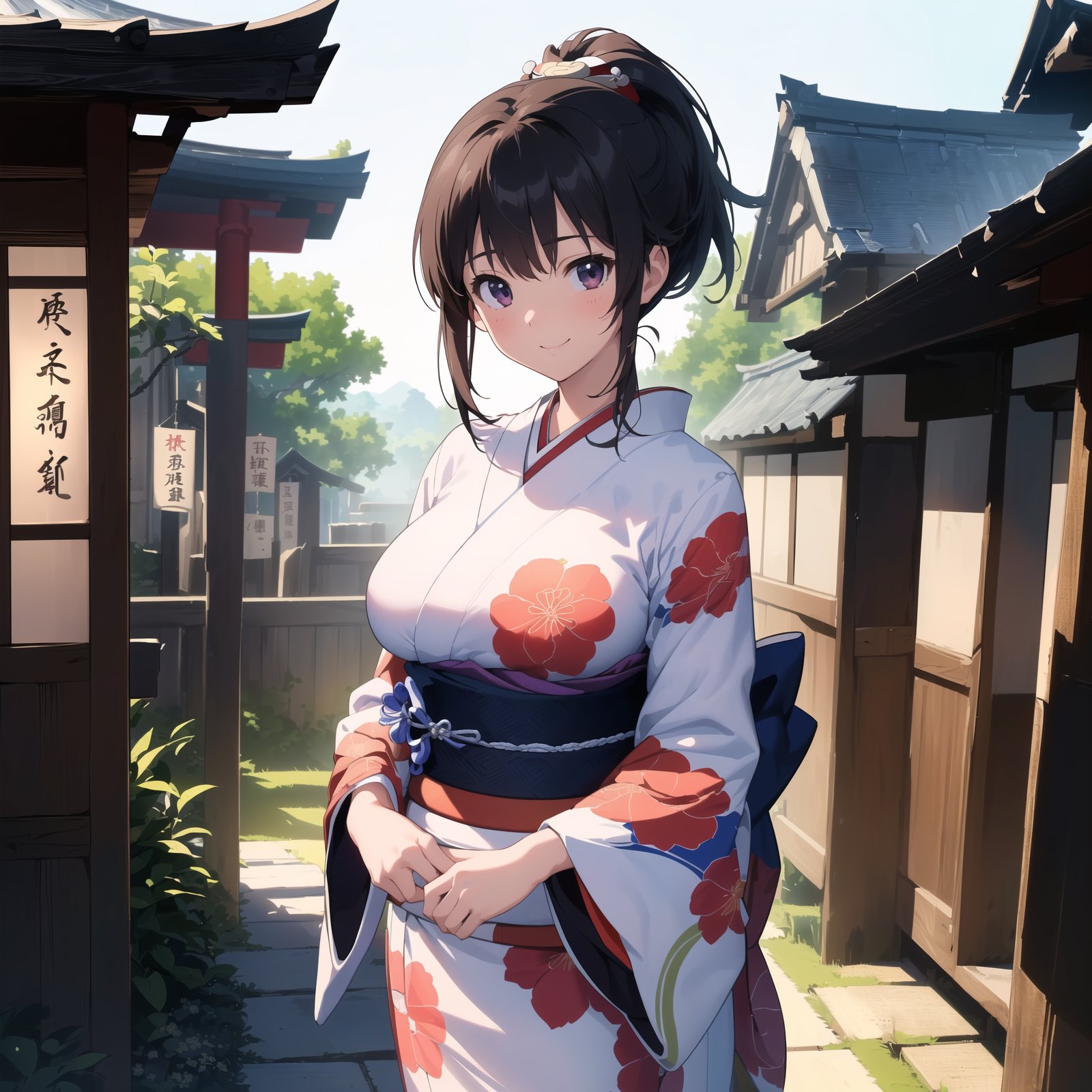 ((SFW)),(masterpiece, best quality:1.4), (ultra detailed),(absurdres), (highres),(ultimate quality detailed, 4K:1.3),(Perfect (delicate animation cel) and (accurate and precise detailed anatomy):1.3), cowboy shot, anime beautiful girl, miko, (beautiful japanese kimono, wafuku, furisode:1.4), solo, huge breast, happy smiling,ponytail,shrine in background,<lyco:GoodHands-vanilla:1.5>, <lora:neg4all_bdsqlsz_V3.5:1.3>