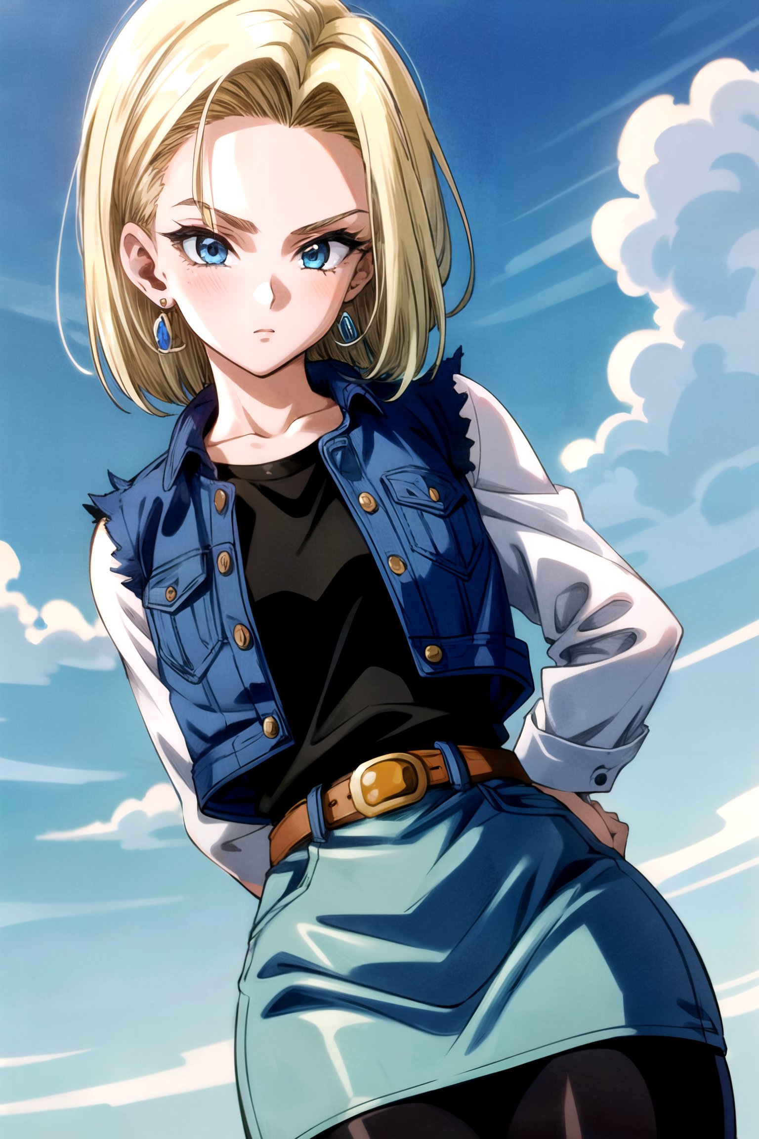 1girl, (masterpiece:1.3), (high resolution), (8K), (extremely detailed), (4k), perfect face, nice eyes and face, (best quality), (super detailed, intricate details, very aesthetic), detailed face and eyes, (solo), textured skin, absurdres, highres,  <lora:DBZ_Android18_v1:0.7> android 18, 1girl, solo, blue eyes, short hair, blonde hair, earrings, , denim skirt, blue skirt, pencil skirt, black shirt, long sleeves, striped sleeves, brown belt, black pantyhose, denim vest, blue vest, amrs behind back, island, cowboy shot, blue sky, floating hair, from below<lora:sd_v15_dpo_lora_v1:1>