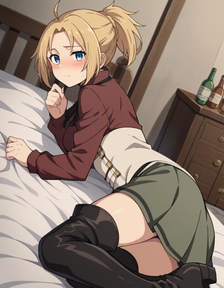 score_9, score_8_up, score_7_up, source_anime,zenithgreyrat, <lora:zenith-greyrat-s1-ponyxl-lora-nochekaiser:1>,zenith greyrat, short hair, blonde hair, blue eyes, ponytail, ahoge,skirt, shirt, thighhighs, long sleeves, ribbon, boots, black thighhighs, thigh boots, brown shirt,indoors, bed, bed room, on side, blush, drunk,looking at viewer, dutch angle, cowboy shot,