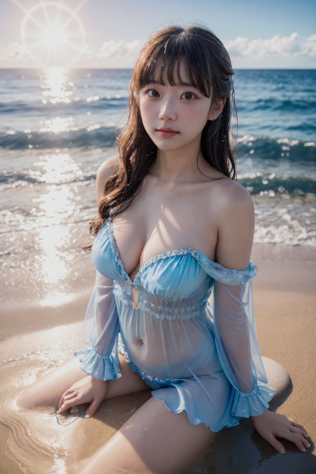 masterpieces, best quality, 1girl, upper body, sea beach, glow effect, detailed background, beautiful detailed water:1.05, beautiful detailed sky:1.05, beautiful detailed sea:1.05, detailed light, extremely delicate and beautiful girl, blue bubble, splash, wet body, fluttered detailed splashes, draped of fluttered fabric, fluttered detailed cloud, intricate detail:1.1025, highres:1.05, young girl:1.1025, floating hair:1.05, flowers:1.05, sunlight, charming smile, surrounded by floating petal:1.1025, glossy, raytracing, depth of field, detailed waves, reflective, crystalized, lens flare, looking at viewer, medium breasts, blushing, slim, medium buttock, detailed realistic shadow, sheen, shiny eyes, (fisheye lens)