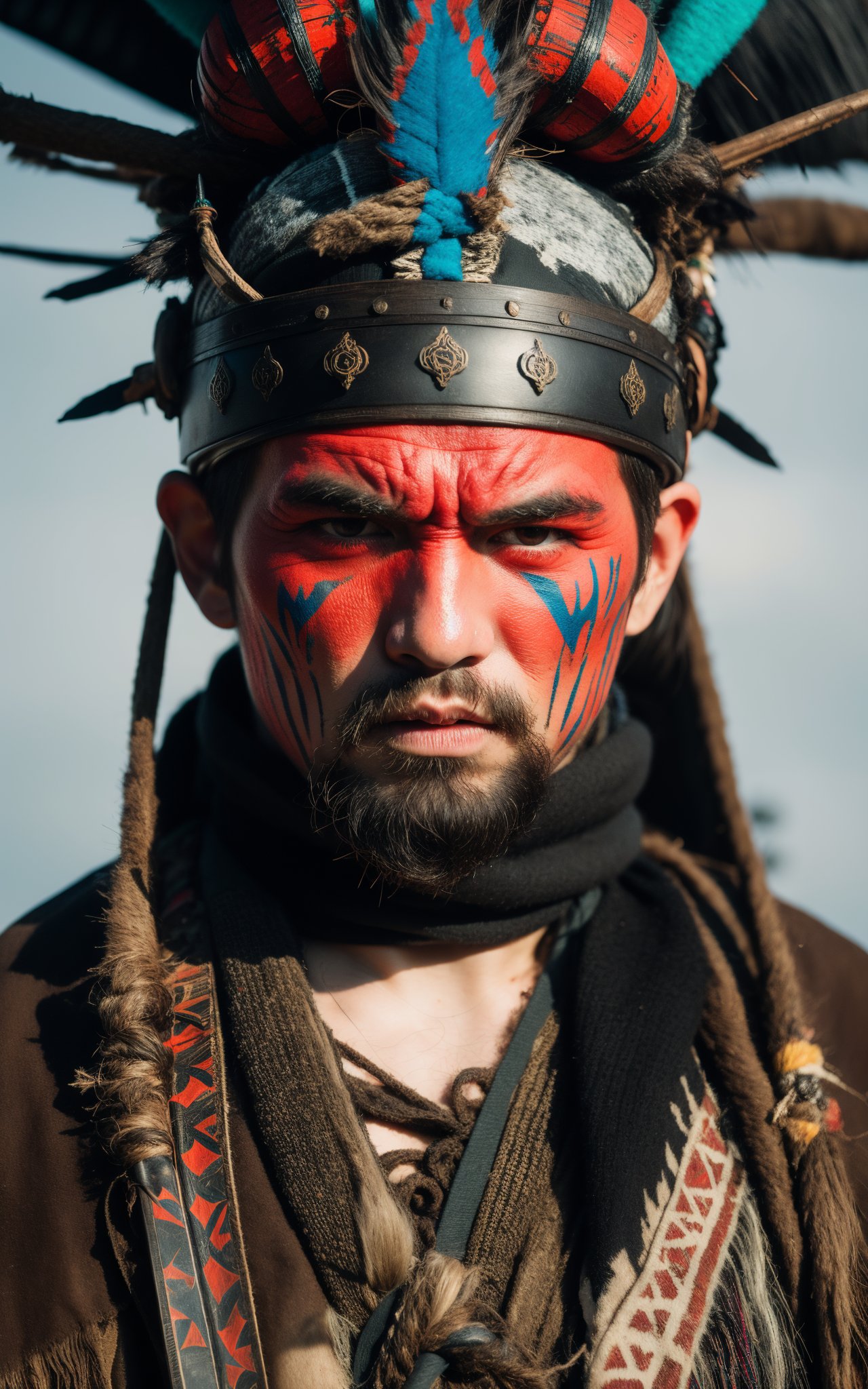 expressionist "Pyre Spawn",raw,emotional,dynamic,distortion for emotional effect,vibrant,use of unusual colors,detailed,tribe,original headwear,viking warrior,tattoos on the face,with a rough wooden mask,