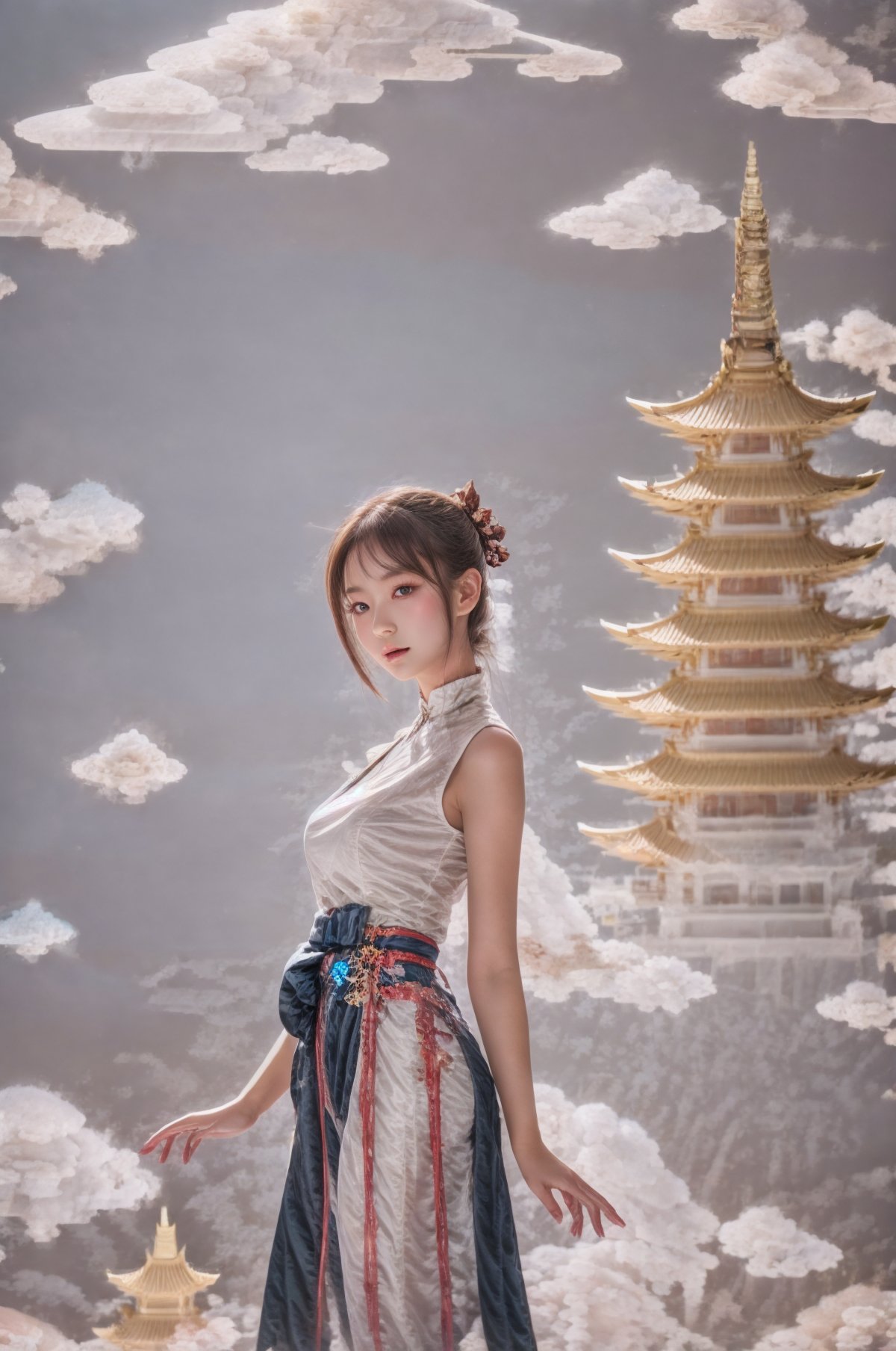 1 girl,pagoda,cloud,