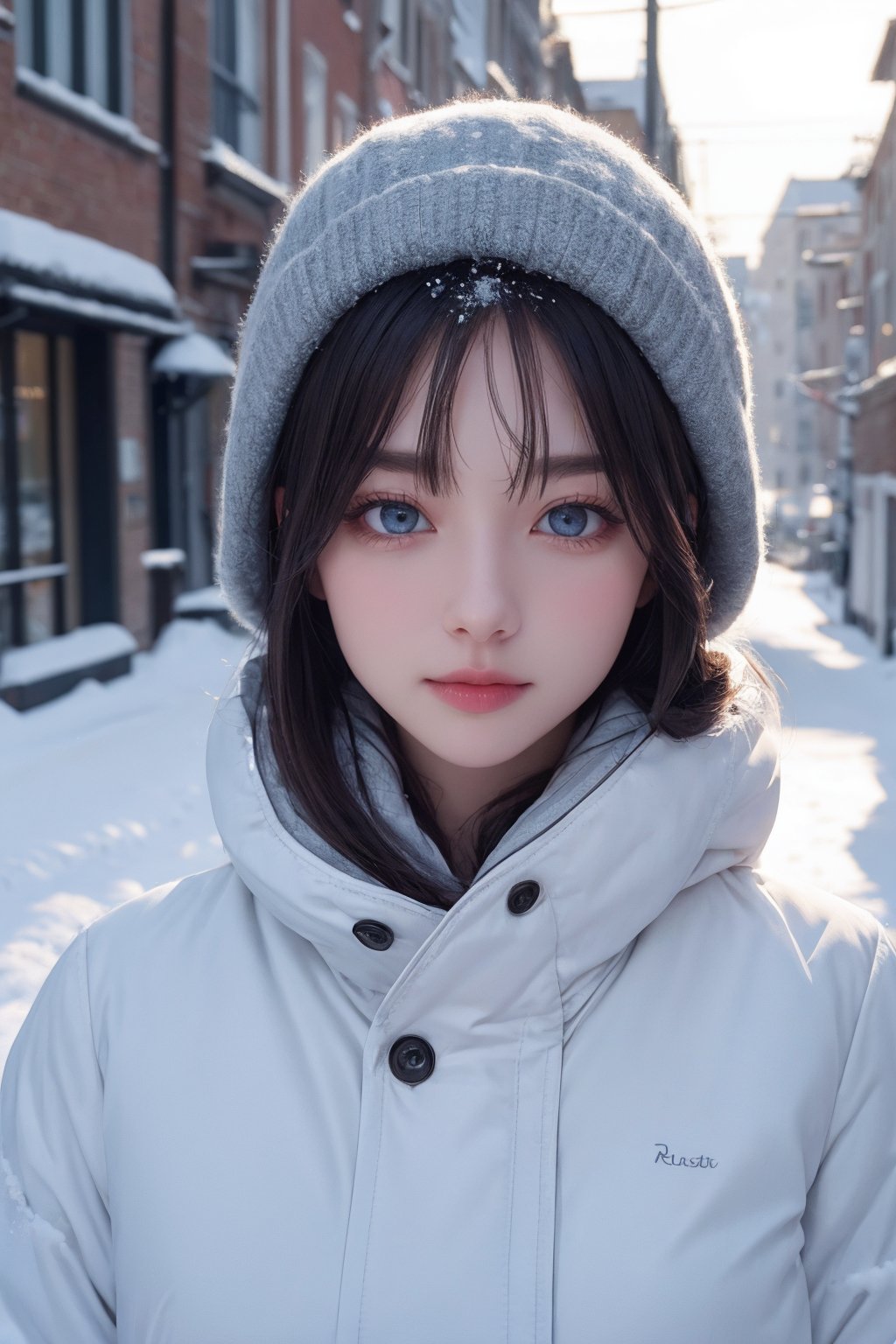 8k, ultra highres, real light and shadow, beautiful eyes, beautiful women, in the snow scene in winter, upper body, street