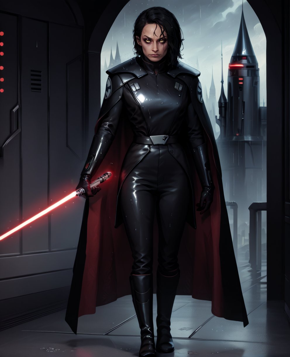 score_9,score_8_up,score_7_up,score_6_up,Trilla,black hair,yellow eyes,looking at viewer,holding  a red lightsaber,armor,gloves,black bodysuit,black cape,belt,pants,boots,full body,science fiction,star wars,rain,<lora:Trilla:0.8>,solo,