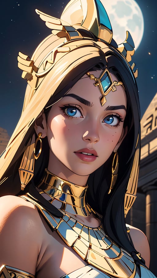 (best quality, masterpiece, colorful, dynamic angle, highest detailed) Realistic photo, fashion photography of a egyptian goddess, gold ornaments, gold reflection, flirting with POV, ultra detailed textures, perfect night, Egypt, pyramids, (intricate details, hyperdetailed:1.15), detailed, moonlight passing through hair, (official art, extreme detailed, highest detailed), HDR+