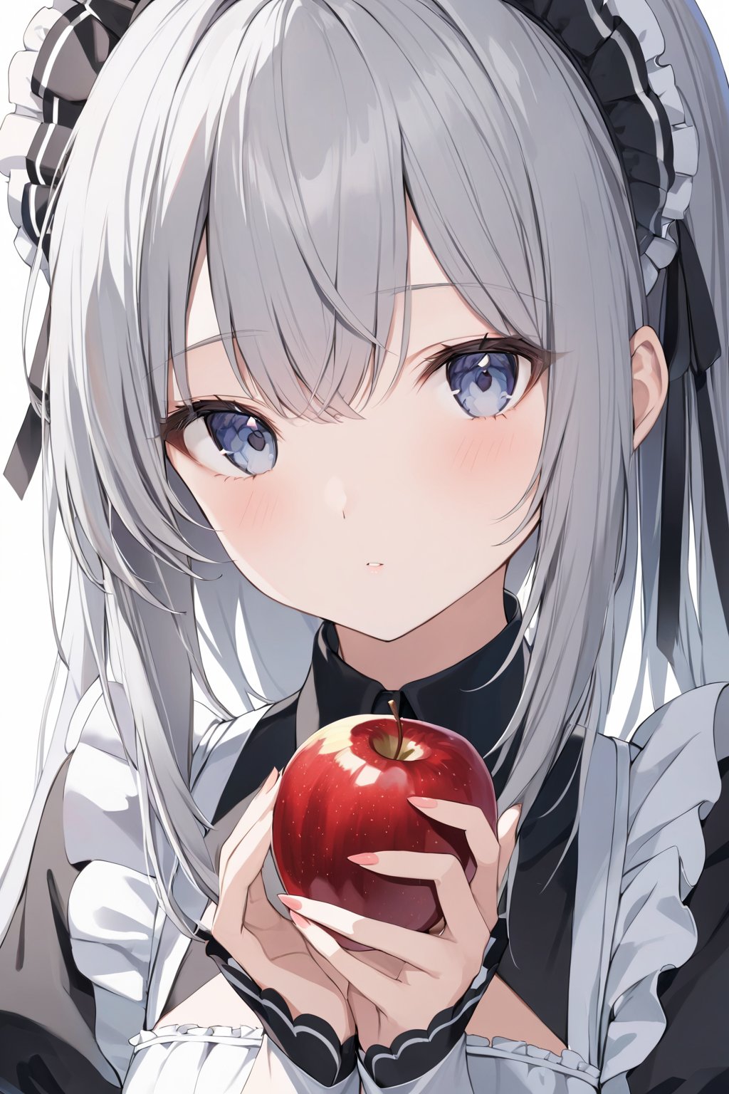 1girl, solo, Grey hair, long hair, maid's outfit, close-up of face, looking at viewer, holding apple in hand,best quality, absurdres