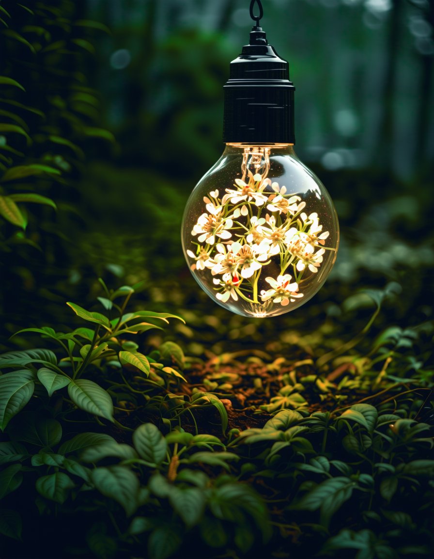 best quality, 4K, 8K, high-resolution, masterpiece, ultra-detailed, photorealistic,  a light bulb filled with flowers in the middle of a dark forest, surrounded by leaves and other plants, flower, blurry, no humans, blurry background, depth of field, white flower, plant, scenery, still life,