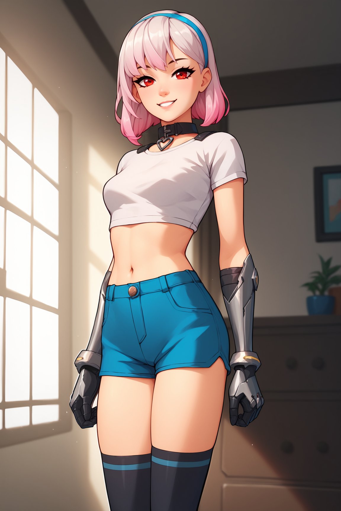 score_9, score_8_up, score_7_up, score_6_up, score_5_up, score_4_up, LexaFEXL, red eyes, white hair, pink hair, gradient hair short hair, blue hairband, bangs, black collar, mechanical arms, small breasts, white crop top, short sleeves, navel, blue shorts, black thighhighs, black boots, solo, standing, seductive smile, looking at viewer, indoors <lora:LexaFEXL:0.8>