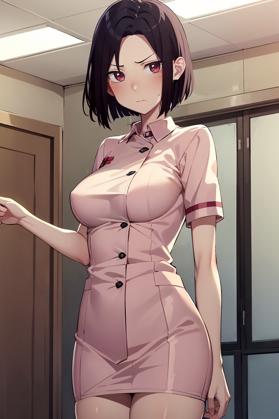 (masterpiece, best quality), 1girl, (solo), looking at viewer,expressionless, closed mouth, serious,<lora:AngryExGF (Stopman)-offset:1>, Angry-Ex-GF, red eyes, breasts, forehead,nurse, nurse outfit, pink nurse uniform, miniskirt, short sleeves, buttons, pink skirt, pink shirt