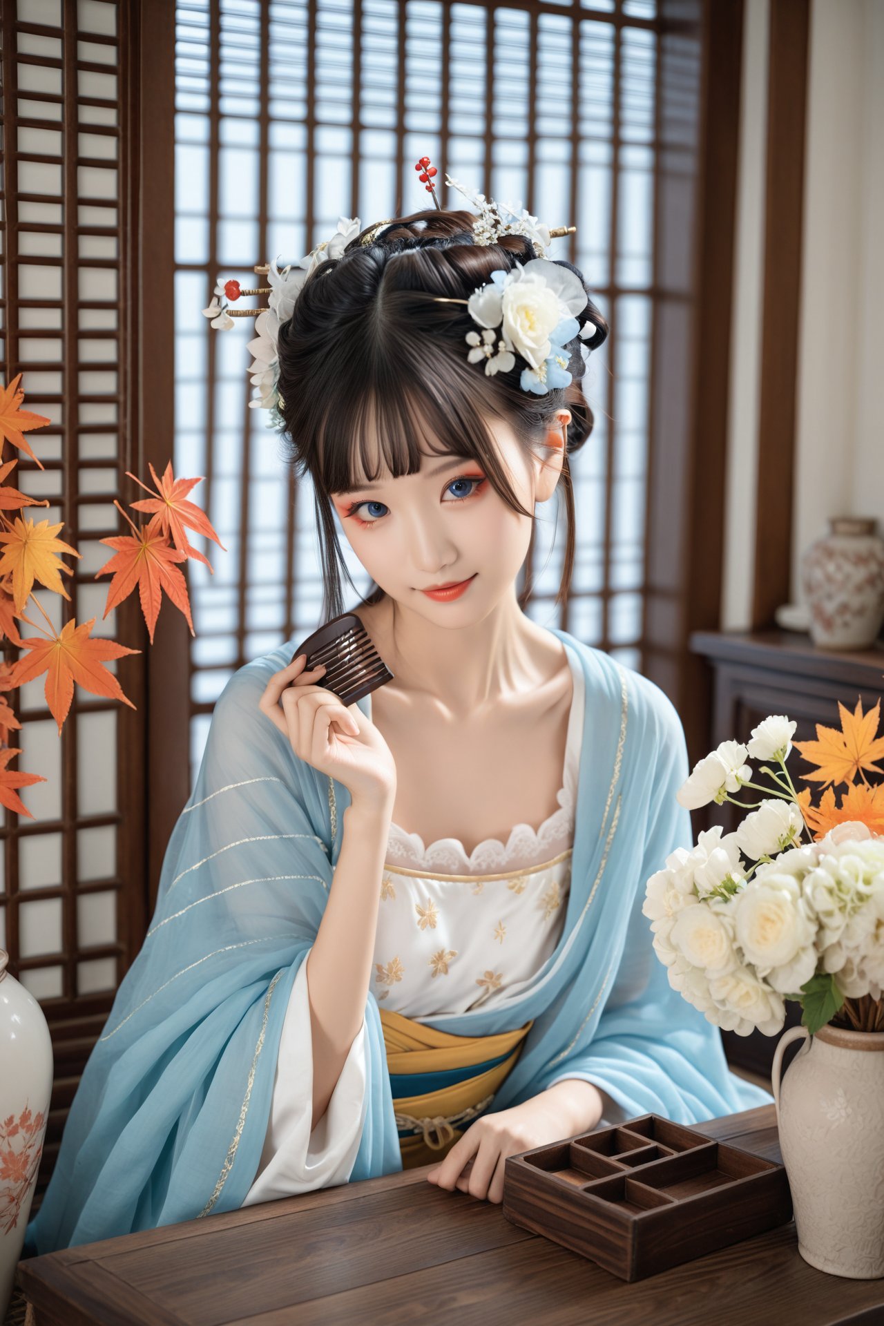 Realism, best quality, 1girl, flower, hanfu, solo, hair ornament, chinese clothes, leaf, black hair, looking at viewer, red lips, off shoulder, indoors, hair flower, white flower, maple leaf, bare shoulders, long sleeves, dress, hand up, blue eyes, long hair, comb, head tilt, wide sleeves, shawl, sash, closed mouth, box, collarbone, blunt bangs, hair stick, autumn leaves, updo, makeup, vase, hair bun, brown hair, table, realistic, blurry, smile, lipstick, upper body