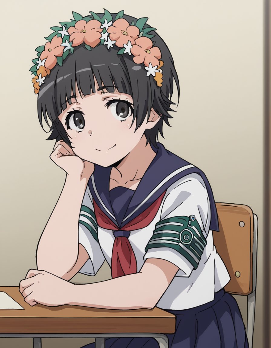 score_9, score_8_up, score_7_up, source_anime, <lora:uiharu-kazari-s3-ponyxl-lora-nochekaiser:1>, uiharu kazari, black eyes, black hair, flower, hair flower, hair ornament, head wreath, short hair, bangs, blunt bangs,, armband, sakugawa school uniform, school uniform, serafuku, skirt, summer uniform, neckerchief, red neckerchief, blue sailor collar, blue skort, short sleeves,, indoors, smile, looking at viewer, solo, sitting, head rest, table,, cowboy shot, dutch angle