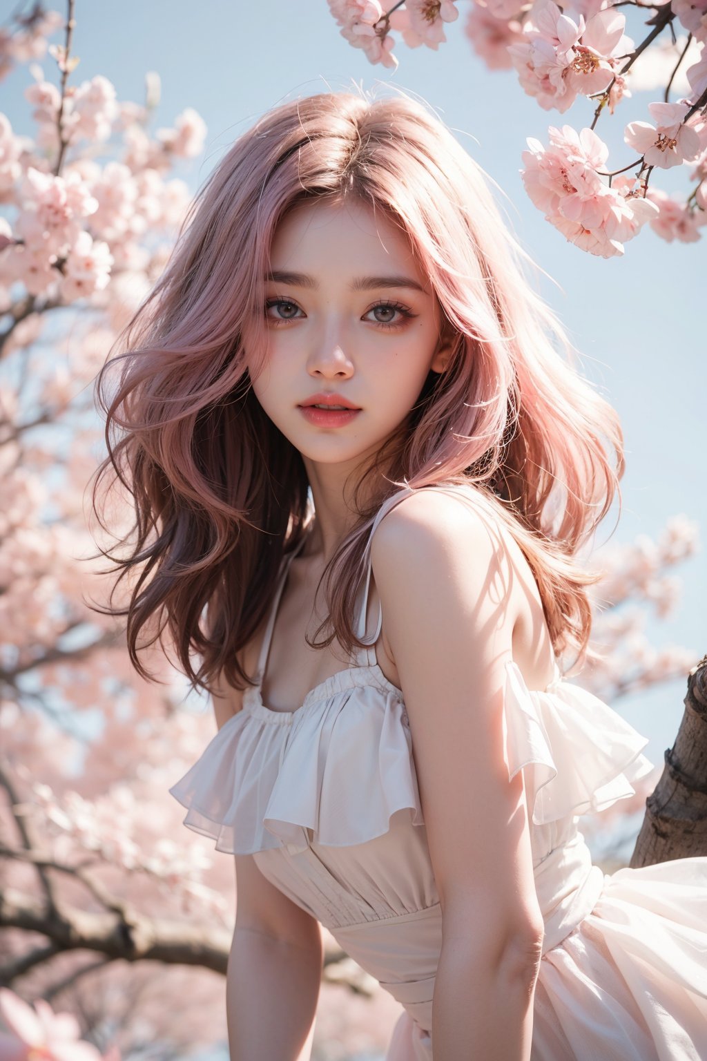 Light pink hair, pink eyes, pink and white, sakura leafs, vivid colors, white dress, paint splash, simple background, ray tracing, wavy hair