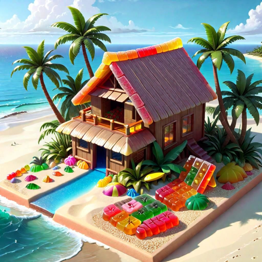 gummyray, ((masterpiece, best quality)),  absurdres,   highly detailed, Isometric_Setting, tropical beach and palm trees, tiny hut, ocean in background,