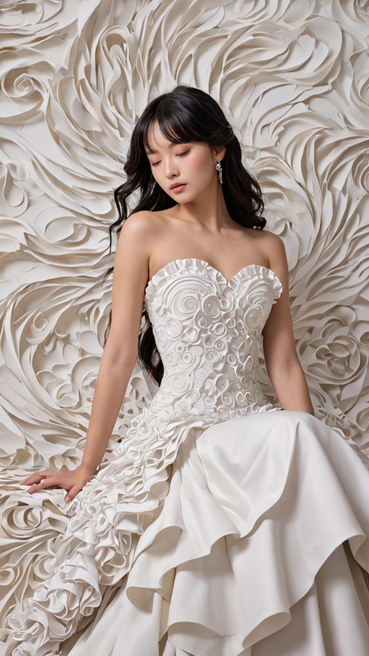 black hair,1asian girlbangs,The image showcases a woman in a white,voluminous gown that appears to be made of layered,ruffled fabric. The gown has a unique design with multiple tiers of cascading ruffles,giving it a sculptural and artistic appearance. The woman is seated against a backdrop of intricately designed,white,swirling patterns,which seem to be made of paper or fabric.  looking to the side, The overall ambiance of the image is serene and elegant,with a touch of avant-garde design.,dress,solo,closed eyes,long hair,bare shoulders,white dress,strapless dress,strapless,fine art parody, <lora:add-detail-xl:0.6>  <lora:DetailedEyes_V3:0.8>