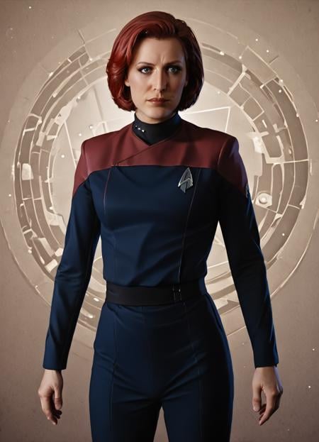 agentscully cartoon character, pcdst, Star trek blue uniform, red hair, short hair, bobcut,cowboy shot, science fiction, space, <lora:PicardPony:0.8>  <lora:DanaScully-PonyXL:0.7> 