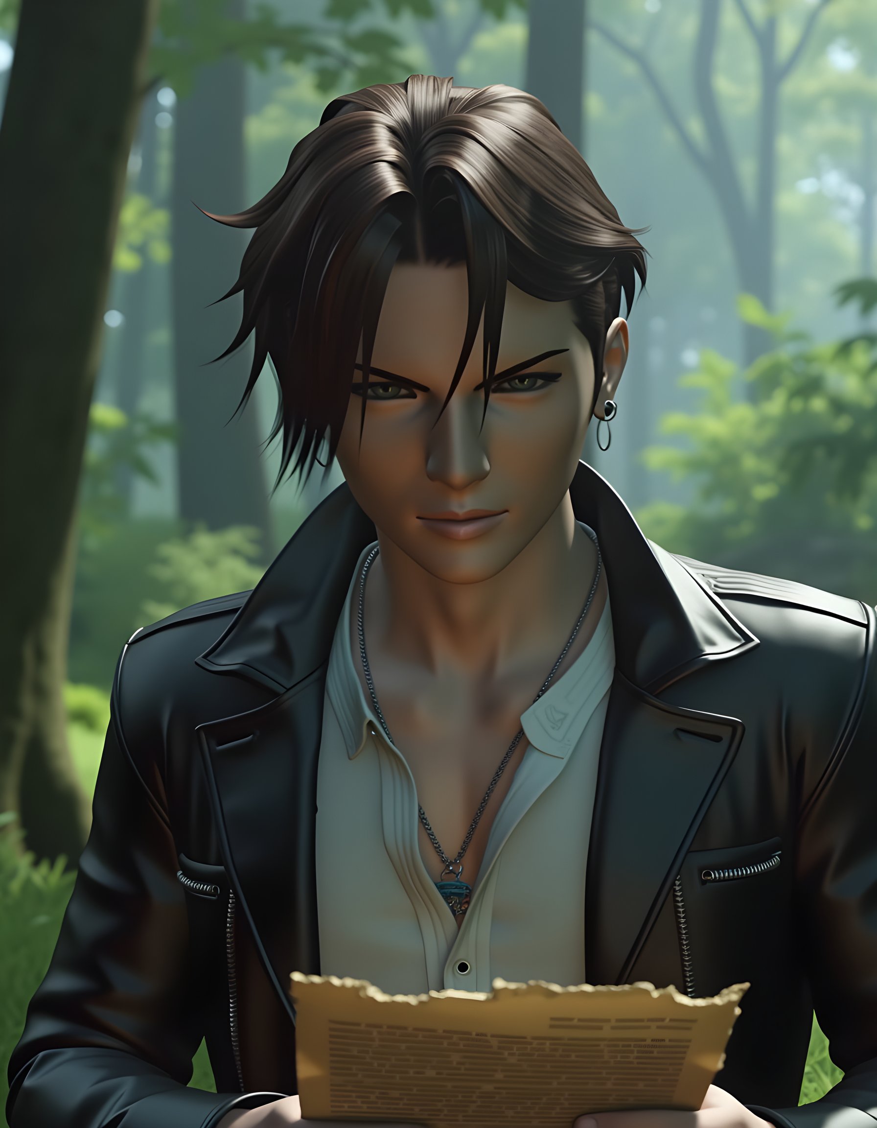 ff8_style, In a FF8-inspired, dramatically lit portrait, the man with brown hair and a scar running down his left cheek stands solo against the backdrop of an overgrown, misty forest, adorned in a unique outfit of black leather jacket, loose white shirt, and silver earrings. His piercing gaze is softened by a closed-mouth smile, creating a mysterious yet endearing aura. Framed in a letterbox format, the image captures his introspective moment as he clutches a tattered letter, his dark hair cascading over his forehead and eyes, hinting at secrets untold and journeys undertaken.