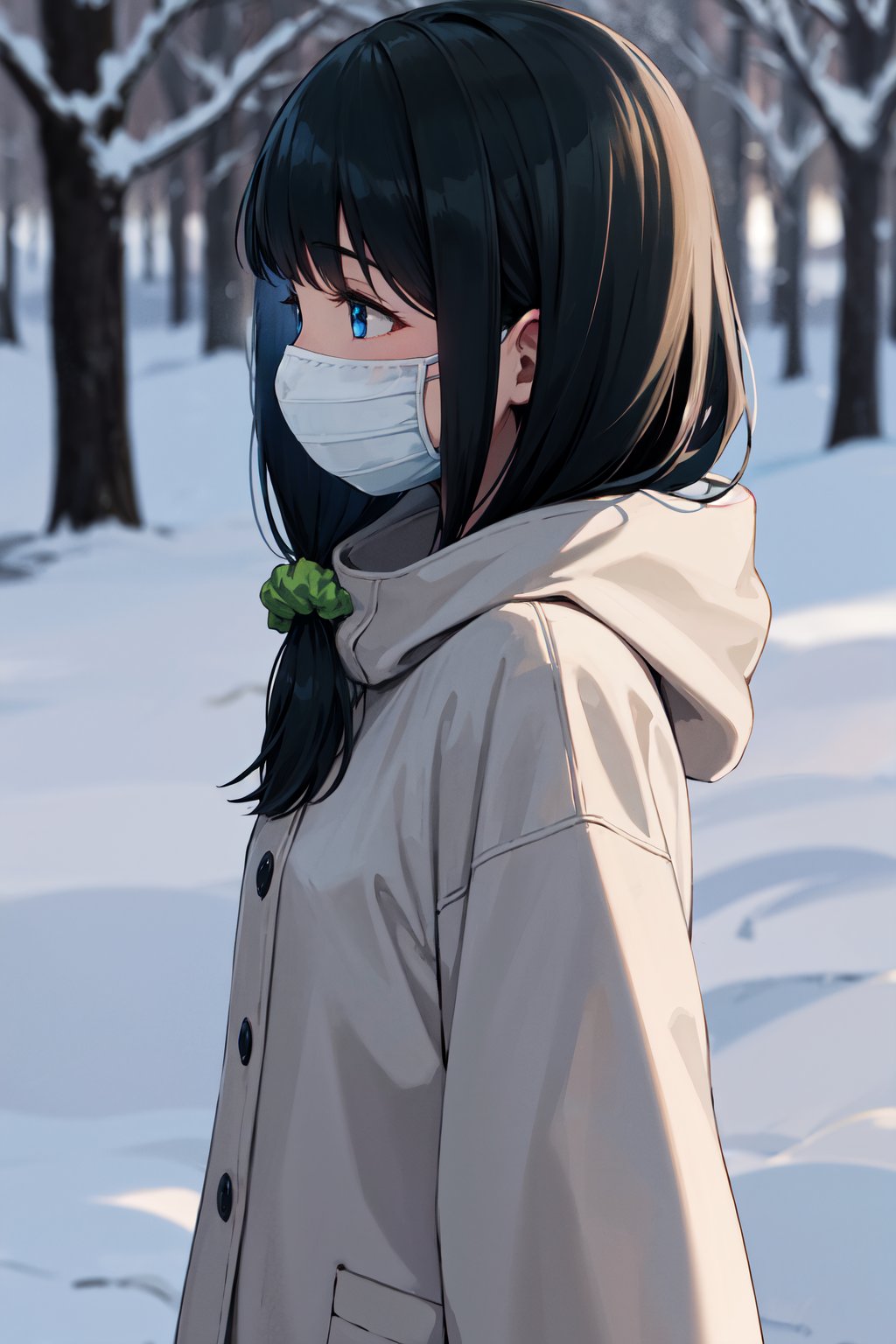 masterpiece, best quality, highres, 1girl, solo, long hair, black hair, hair scrunchie, low ponytail, blue eyes, mouth mask, <lora:hassu_v1:0.8>, winter clothes, snow, outdoors, from side