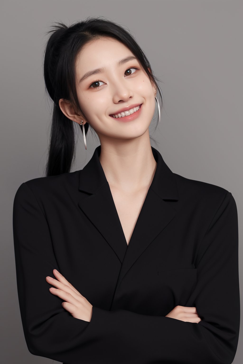 1girl,solo,smile,earrings,black hair,looking at viewer,grin,shadow,crossed arms,realistic,black eyes,black shirt,upper body,shirt,grey background,head tilt,simple background,long sleeves,short ponytail,black suit<lora:girl:0.8>,