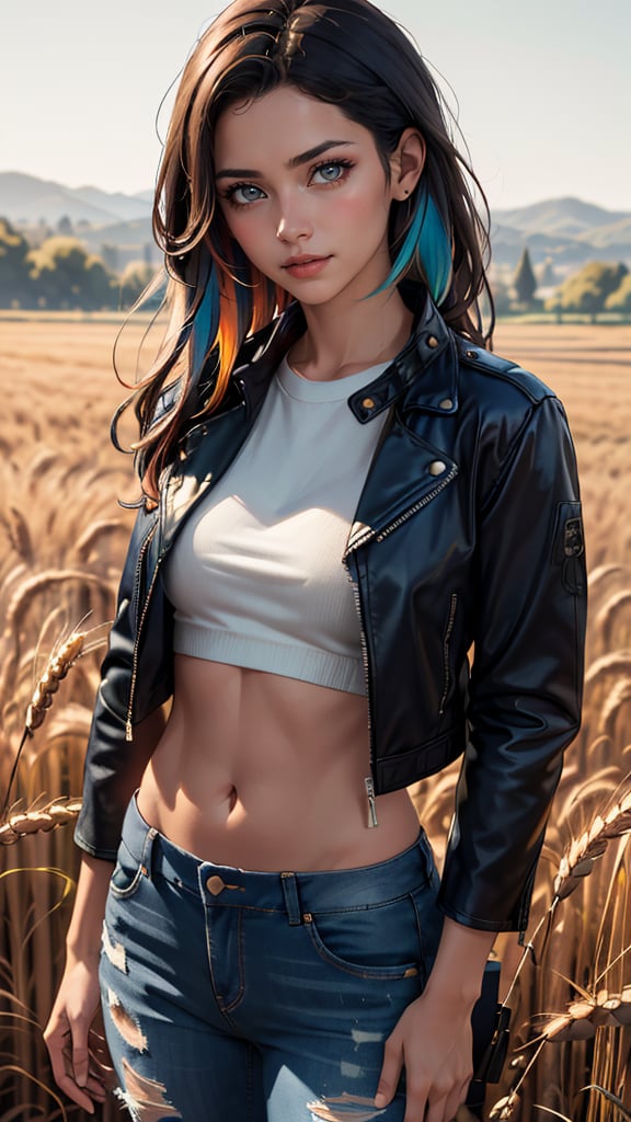 (best quality, masterpiece, colorful, highest detailed) upper body photo, fashion photography of cute (Belén Rodríguez), long, straight hair, (light smile:0.3), wearing leather jacket and ripped jeans, wheat field, picturesque, rural background, upper body shot,sharp, colorful, ultra realistic,  cinematic, blue and yellow:0.85), dim colors,