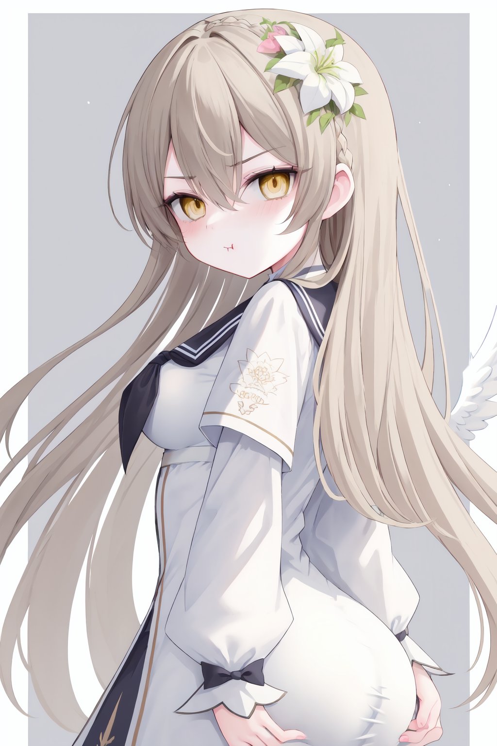 1girl,flower,hair flower,solo,hair ornament,long hair,looking at viewer,halo,ass,yellow eyes,blush,wings,dress,bangs,long sleeves,ass grab,breasts,sailor collar,hair between eyes,pout,black neckerchief,white wings,closed mouth,neckerchief,white dress,looking back,simple background,grabbing own ass,very long hair,notice lines,light brown hair,white flower,school uniform,braid,angel wings,