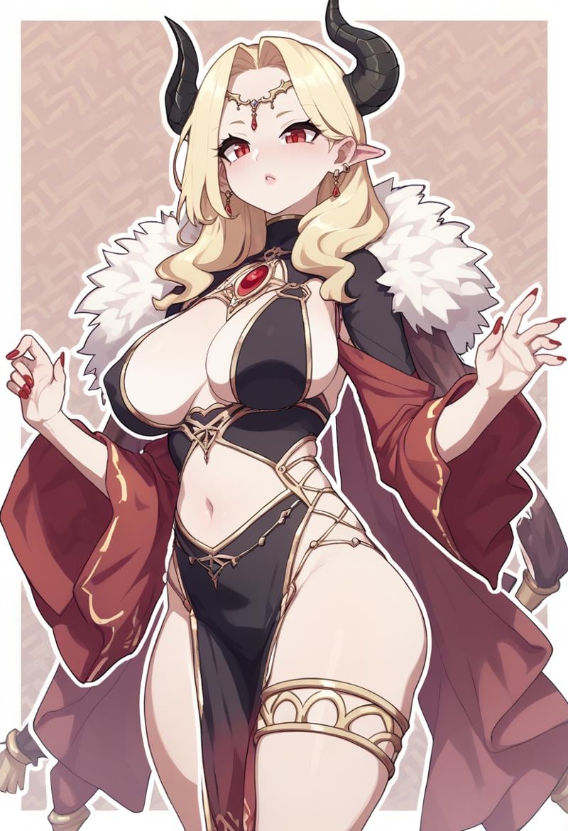 score_9, score_8_up, score_7_up, score_6_up, score_5_up, score_4_up,Cromachina, demon, girl, shawl, fur trim, horns, blonde hair, red eyes, black lingerie, thighlet, long sleeves, white sleeves,fantasy clothes, mature woman, pelvic curtain, ((white outline):2),red nails,  dutch angle, BREAKabstract background,<lora:Cromachina_v2:1>