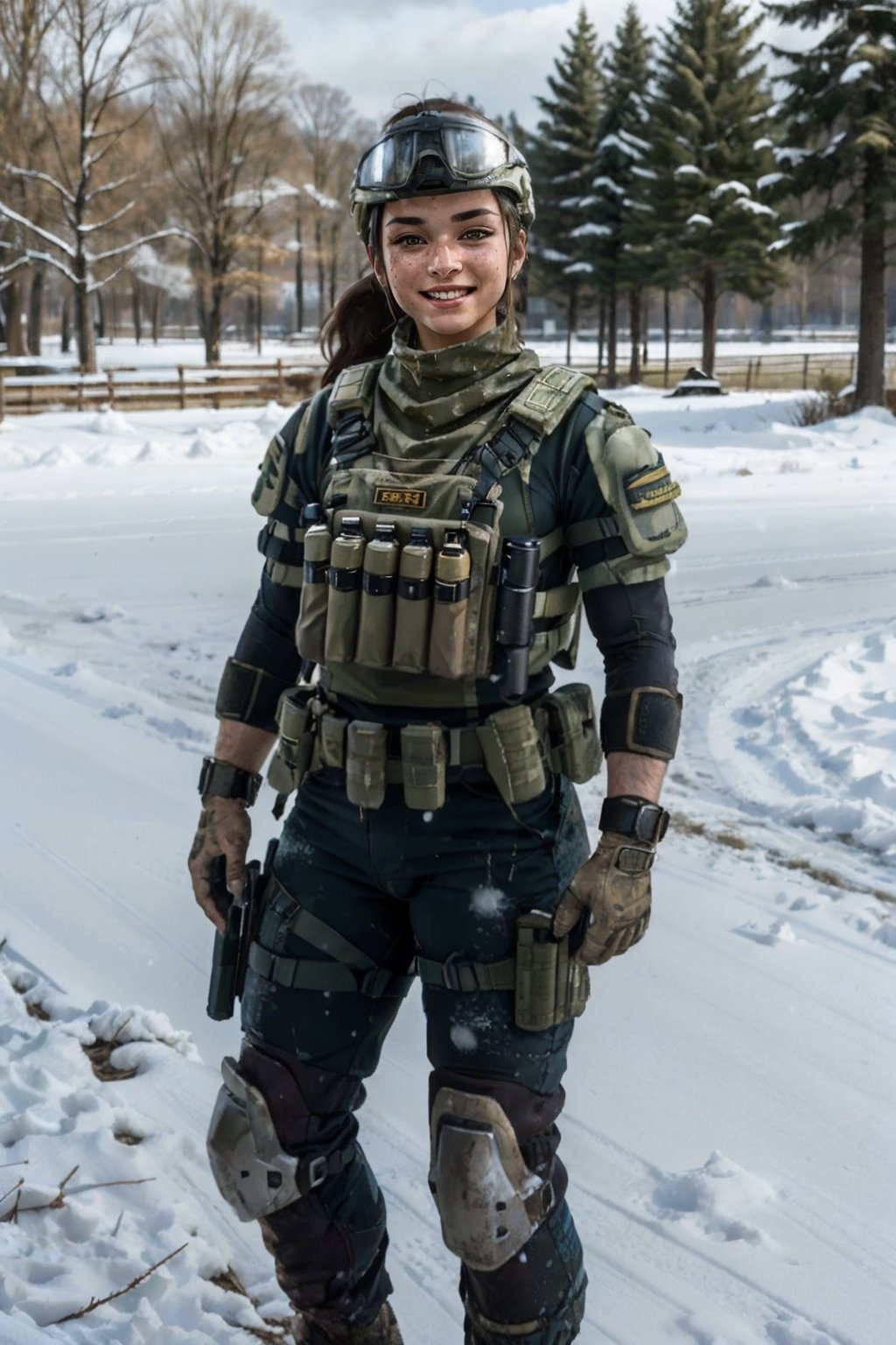 blasco, yellow eyes, dirty face, helmet, goggles on helmet, ponytail, military clothes, bulletproof vest,holsters, shoulder pads, wristwatch, knee pads, looking at viewer, smiling, medium shot, standing, outside, park, field, trees, snow, winter, grass, blue sky, high quality, masterpiece, <lora:blasco-08new:.8>