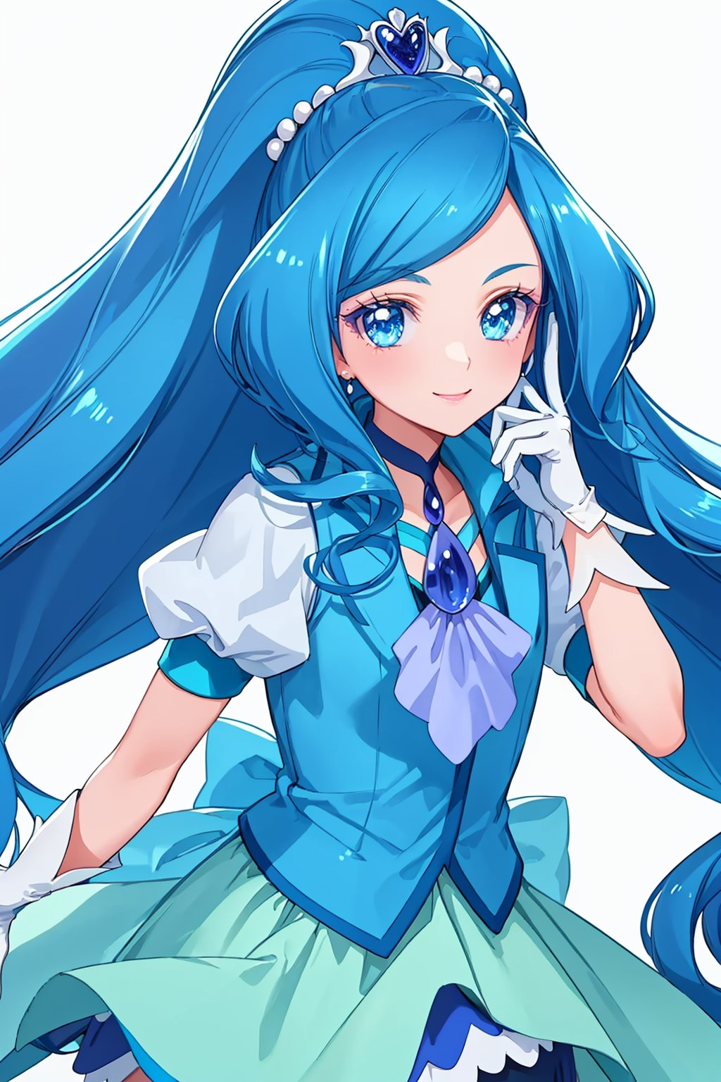 masterpiece,best quality, highly detailed, cure fontaine,solo, 1girl, white gloves, magical girl, looking at viewer, blue theme, smile, split ponytail, blue vest, heart hair ornament, puffy sleeves, short sleeves, skirt, white background, blue choker, closed mouth, upper body, signature, jewelry, ascot, blue rose, shirt,<lora:cure_fontaine:1>