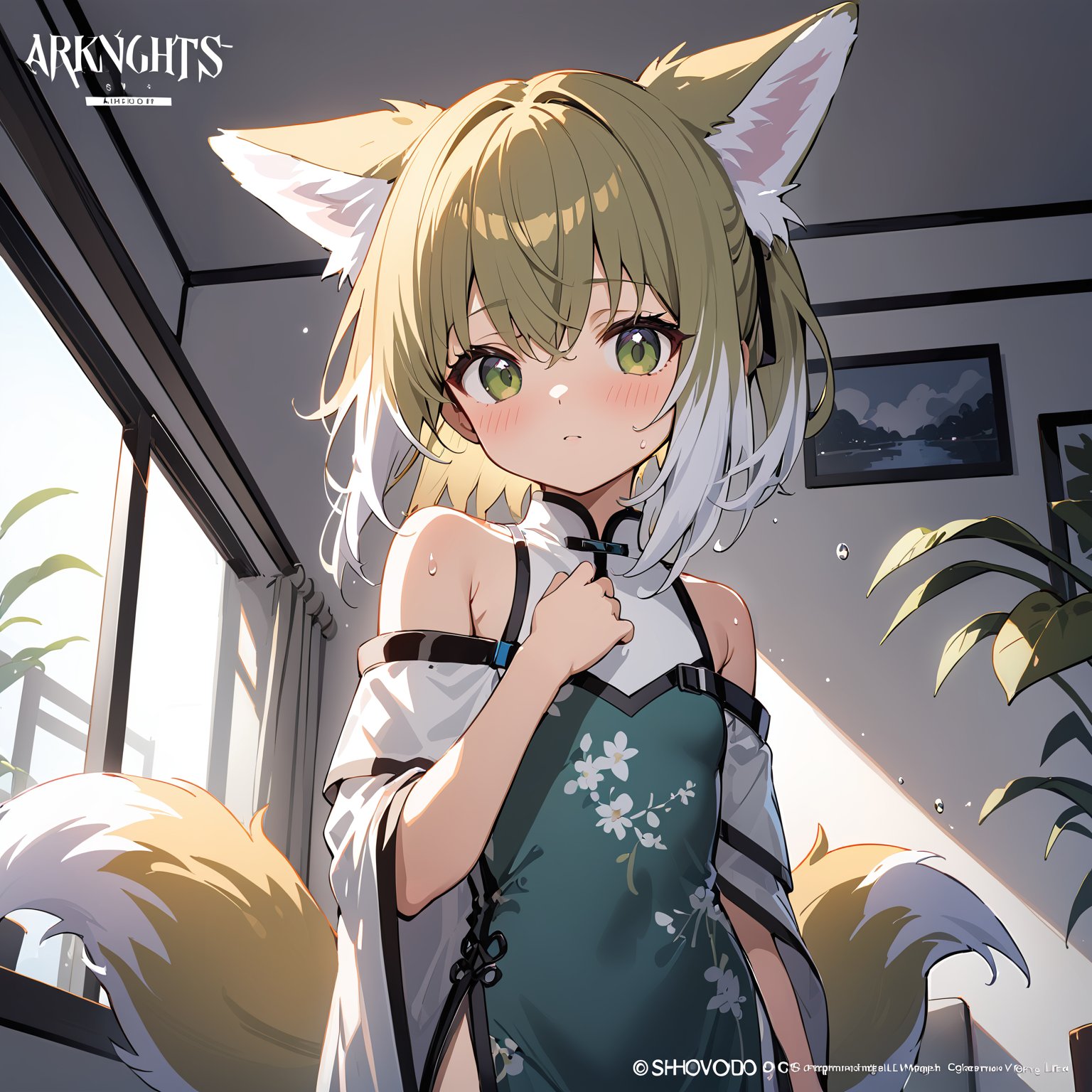 suzuran (arknights),arknights,sho_(sho_lwlw),official art,depth of field,looking_at_viewer,1girl,solo,green eyes,multiple_fox_tail,chinese_dress,coat,off_shoulder,flat_chest,blush,sweat,plant,modern,indoors,white_wall,bedroom,masterpiece,best_quality,absurdres,