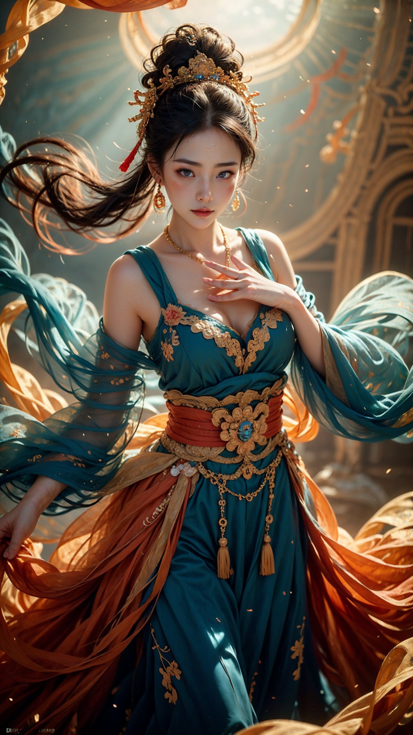 1girl,dunhuang,<lora:dunhuang_v1:0.6>,masterpiece,best quality,32k uhd,hdr,dtm,cinematic lighting effects,wide shot,wide-angle lens,super vista,super wide angle,exquisite facial features,super delicate face,best fingers,