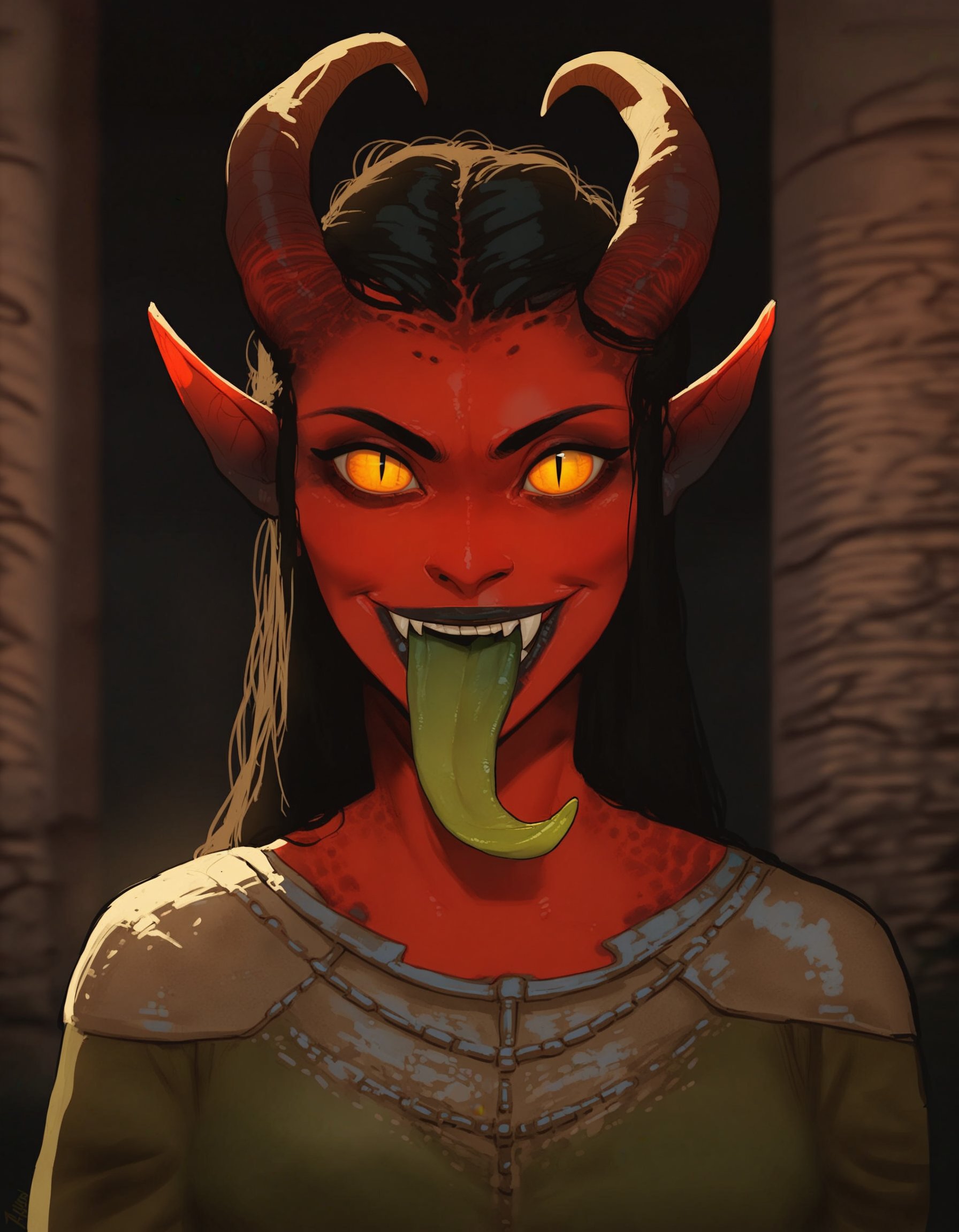 1girl, female, solo,looking at viewer, smile, standing, upper body, medium shot,black hair, golden eyes, demon girl, humanoid, tongue out, slit pupils, long tongue, prehensile tongue,celtic runes, runic dress, underground, crypt,BREAKscore_9, score_8_up, score_7_up, score_6_up, score_5_up, score_4_up, source_cartoon, rating_questionable,<lora:incase_style_v3-1_ponyxl_ilff:1>
