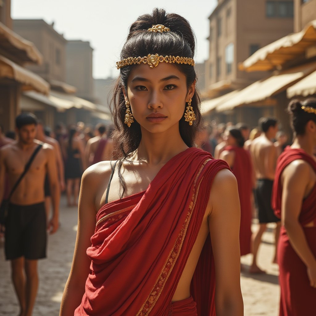 Instagram selfie of a woman during the ancient roman empire standing in the middle of a marketplace in ancient rome with people and merchants all around her. She has a toga on as would be befitting for a madam of the house and has a neutral expression. She has almost no makeup on. Her hair is in an intricate updo and held together by some golden hairpins. ,   <lora:hoyeon_local_flux_1_standard-000033:1>