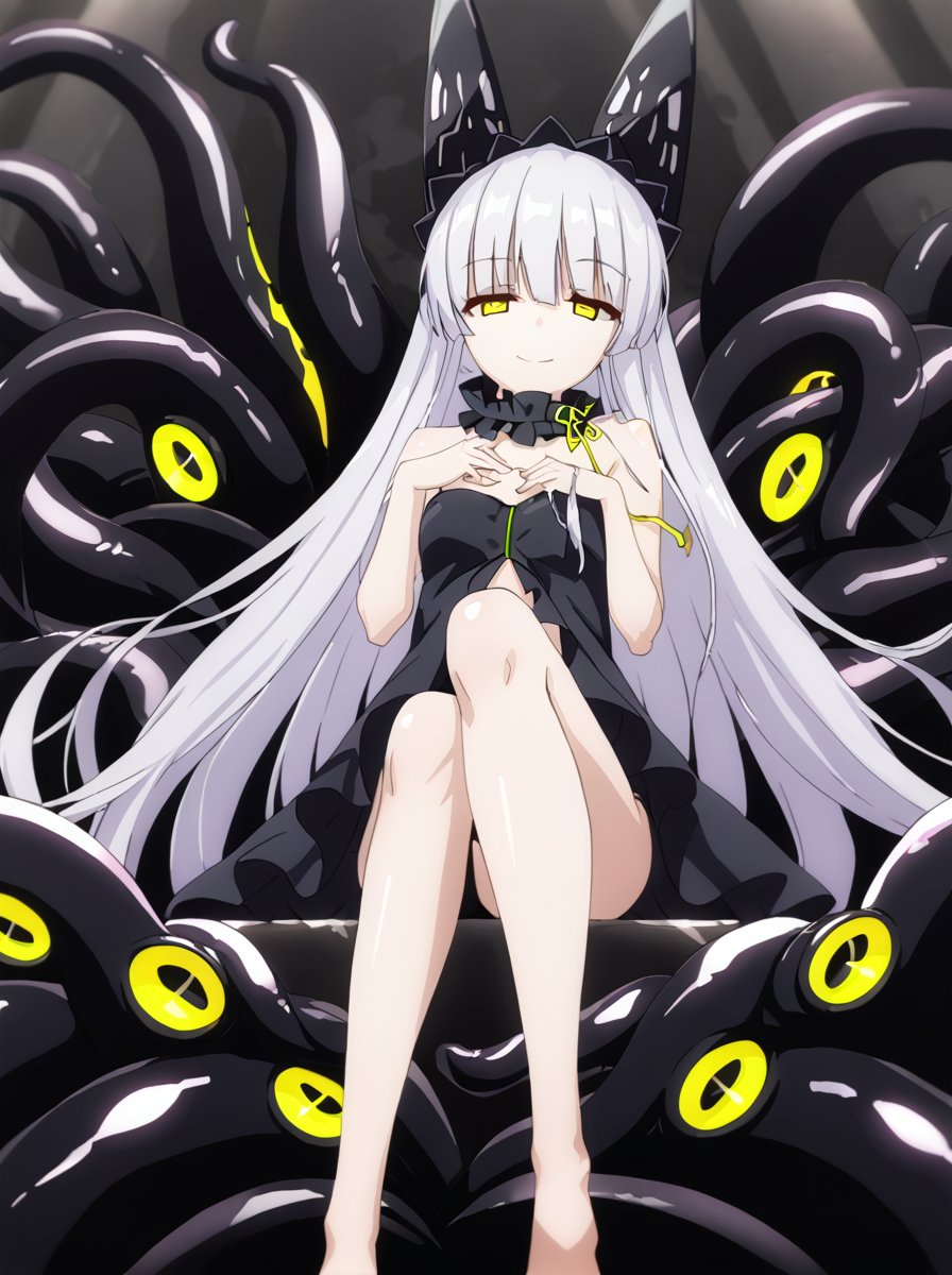 detailed background, shiny skin,<lora:obusaba.pony:1>,obusaba,dark,looking at viewer, seductive smile, half-closed eyes, sit, black tentacle,