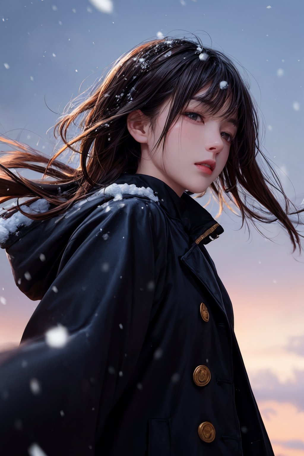 a girl with short hair in a black coat was standing in the snow,look up,the breeze stirred the hair,heavy snow,snowing,<lora:MengX girl_Mix_V40:0.9>,depth of field,telephoto lens,messy hair,((close-up)),((sad)),sad and melancholy atmosphere,reference movie love letter,profile,looking up,(face focus),((floating hair)),bangs,eyes focus,half closed-eyes,central composition,from below,<lora:add_detail:1>,