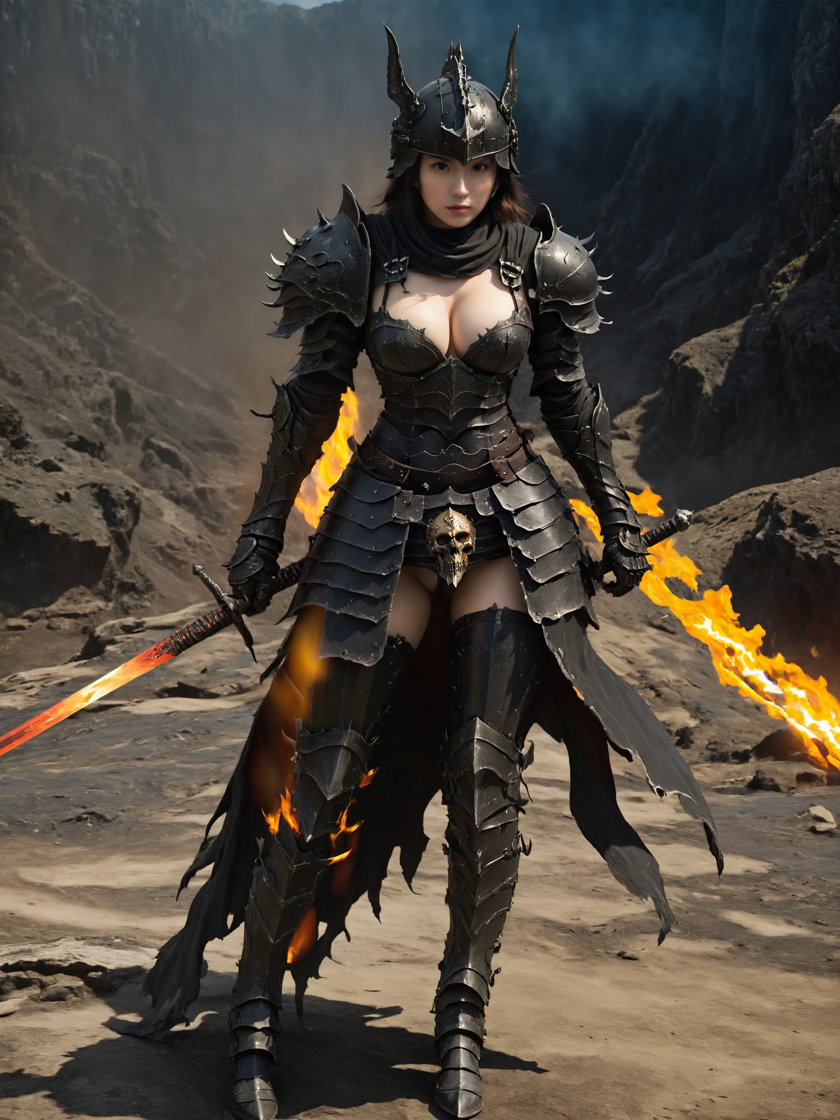 a girl standing in front of hot sprint, show cleavage, breasts, full body,seems to be a representation of a knight,holding a large ornate sword, action to viewer, darkness burning hell, dark theme,which is positioned vertically, wearing a costume,wearing a costume, hot spring background, tattoo on the breasts, tattoo cleavage, (Lower abdomen tattoo),posing to viewer, catwalk in front of hot sprint, cloudy theme, helmet, spark armor, extreme detailed ornate armor,spot light, dark seamless background, dark theme, high key light, rim light, spark holy light reflection, <lora:hinaDevilArmor_v1:0.6>