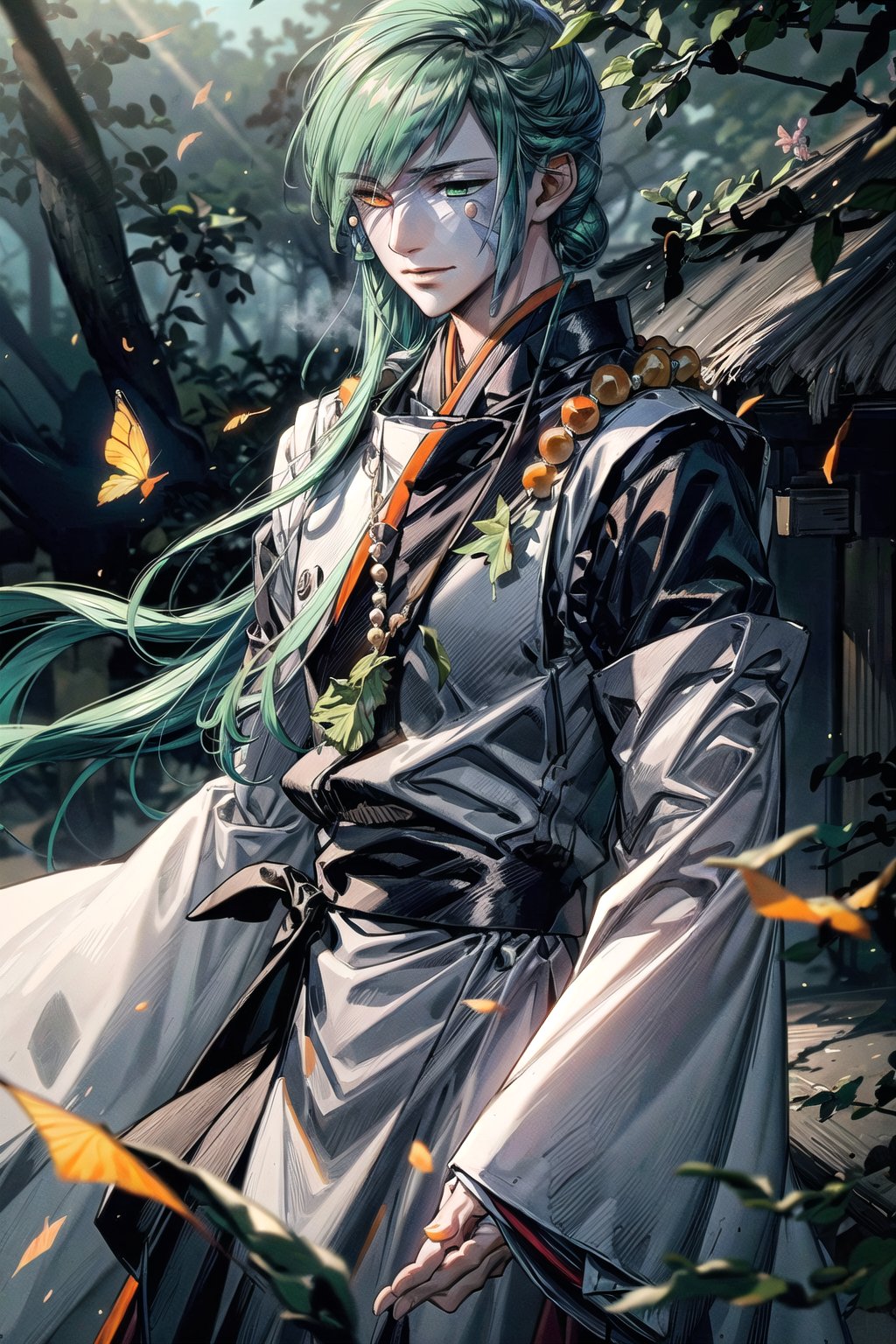 (masterpiece, best quality:1.3), 8k resolution, digital illustration, 3d, original, 2d, traditional media, cinematic, ultra-detailed portrait, hyperdetailed, (deep depth of field:1.3), yasuak1, prayer beads, 1boy, bishounen, male focus, green hair, very long hair, side ponytail, single side bun, heian,(facial tattoo:1.3), japanese clothes, (kariginu:1.2), cowboy shot, (jewel under eye:1.3), hands down,long sleeves, wide sleeves, dancing, japanese architecture, blurry background, fireflies,flower, shrine, half-closed eyes, light smile, looking down, (straight-on, facing viewer), wind lift, floating hair, wind, nature, forest, warrmth, detailed face, focus, closed mouth, handsome, manga cover, (heterochromia, orange eyes, green eyes:1.3), soft lighting, dynamic posture, motion blur, (perfect hands:1.3), volumetric lighting, bloom, starry background, gouache (medium), sky, dark, cloud, blurry foreground, falling leaves, tree, atmosphere, fog, (extremely detailed), intricate details<lora:EMS-179-EMS:0.200000>, <lora:EMS-91280-EMS:0.100000>, <lora:EMS-367408-EMS:0.900000>