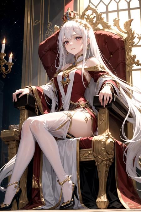 Step into the opulent realm of "Crimson Monarchy," a kingdom where power and beauty converge in the form of a resplendent queen. Visualize an awe-inspiring image of the queen, her white hair cascading like a regal waterfall, her deep red eyes reflecting both wisdom and authority, as she sits upon her throne, contemplating her kingdom.The throne room exudes grandeur and majesty, adorned with ornate golden accents and draped in rich crimson tapestries that bear the emblem of the realm. Sunlight streams through towering stained-glass windows, casting a kaleidoscope of colors upon the polished marble floors. The air is infused with the scent of polished wood and perfumed candles, adding to the atmosphere of regal elegance.Seated upon her throne, the queen radiates an aura of both power and grace. Her white hair is a symbol of her wisdom and experience, flowing like a river of moonlit silk. Her deep red eyes, intense and captivating, hold the secrets of the kingdom and speak of her unwavering resolve. She embodies a formidable ruler whose beauty and authority command the admiration of her subjects.The queen's attire is befitting of her royal stature, exuding a sense of regality and refinement. Picture her in a gown adorned with intricate embroidery and precious gemstones that catch the light and shimmer like stars. The gown is a testament to her strength, embracing her figure with confidence while still allowing her freedom of movement. A regal crown rests atop her head, symbolizing her rightful place on the throne.