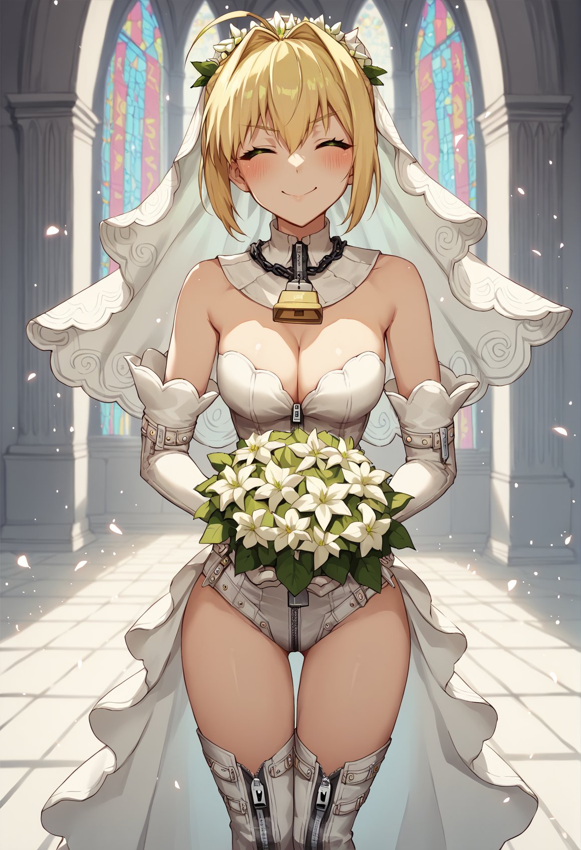 blonde hair, french braid, single hair bun, green eyes, ahoge, white bodysuit, elbow gloves, zippers, cleavage, detached collar, padlock, chain, bare legs, thigh boots, flower wreath, veil, indoors, church, bouquet, smile, closed eyes, smile, blushing, looking at viewer <lora:Mochiron_yo_da_yo:1>, score_9, score_8_up, score_7_up, score_6_up, score_5_up, score_4_up, BREAK source_anime, masterpiece