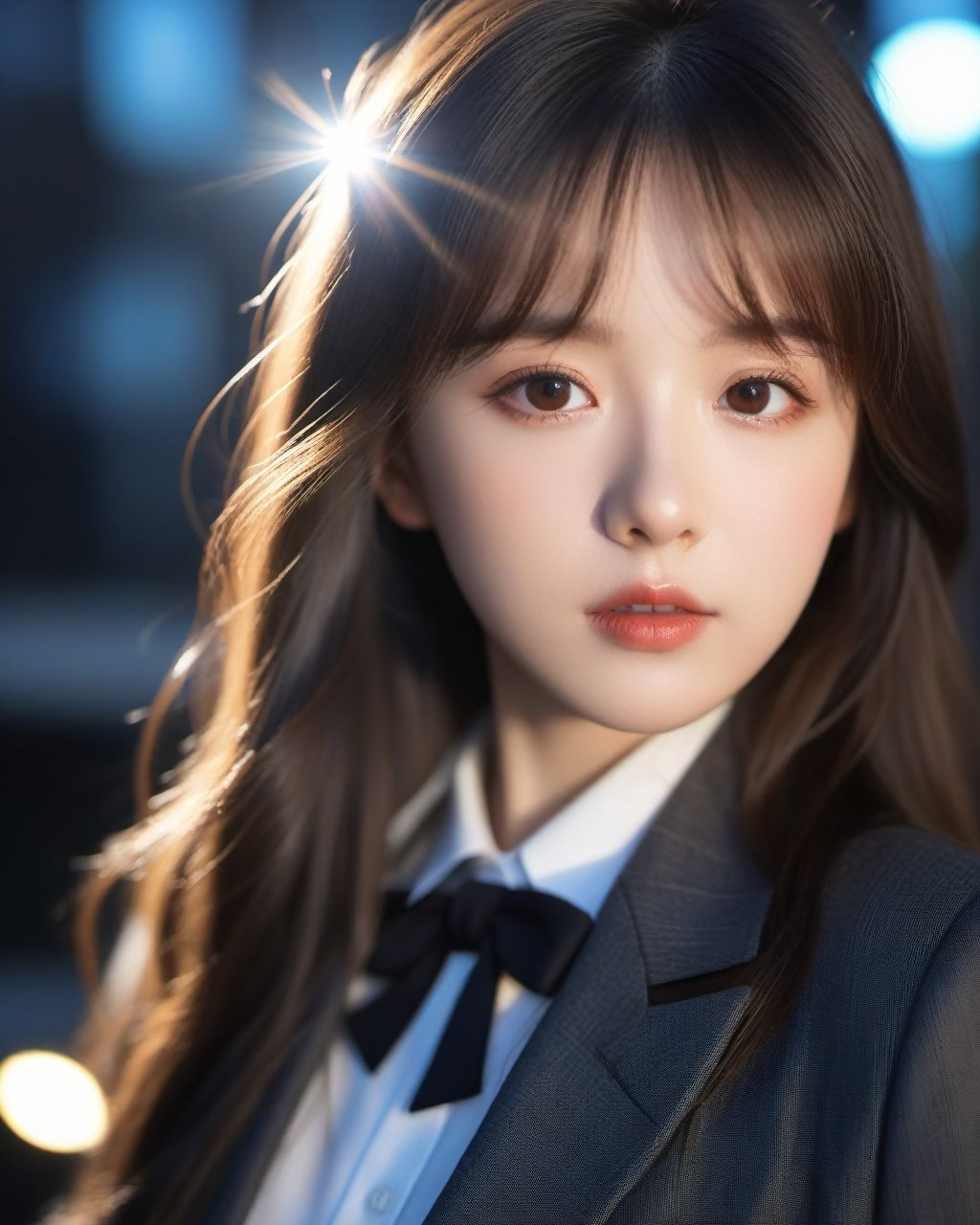 Textured skin, dim light, low key，1girl, solo,long hair, bow, looking at viewer,naughty face,, suit,,, black hair, lens_flare,, brown hair, upper body,  bangs, mole,18 yesr old,,, <lora:WDR_景深-通透调节器:1>(EOS R8,50mm,F1.2,8K,RAW photo,reality_ray_tracing,sidelight,