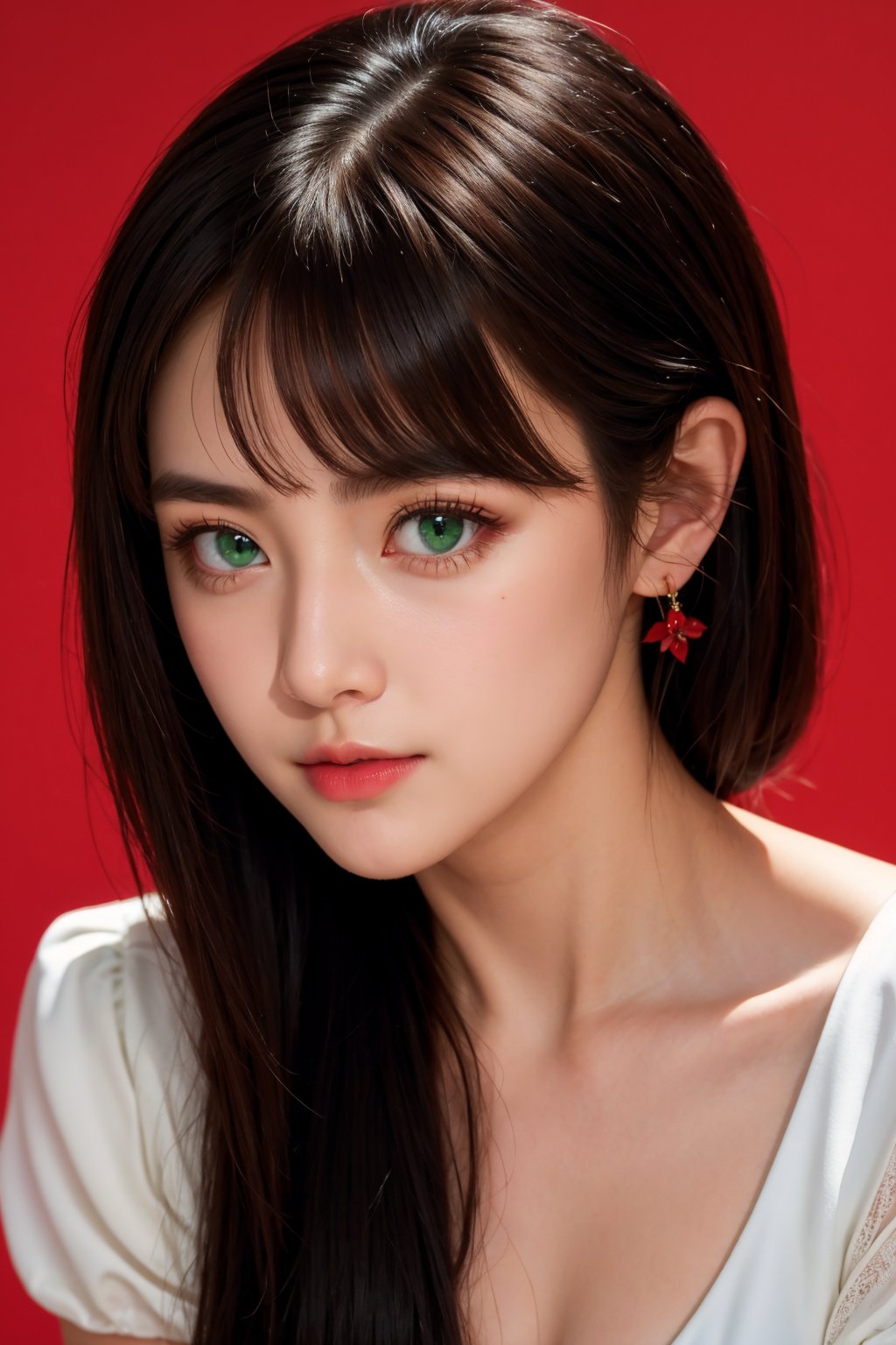 <lora:AgainEyes:0.25>,1girl,black hair,portrait,(white dress:1.2),green eyes,shining eyes,(red simple background:1.3),