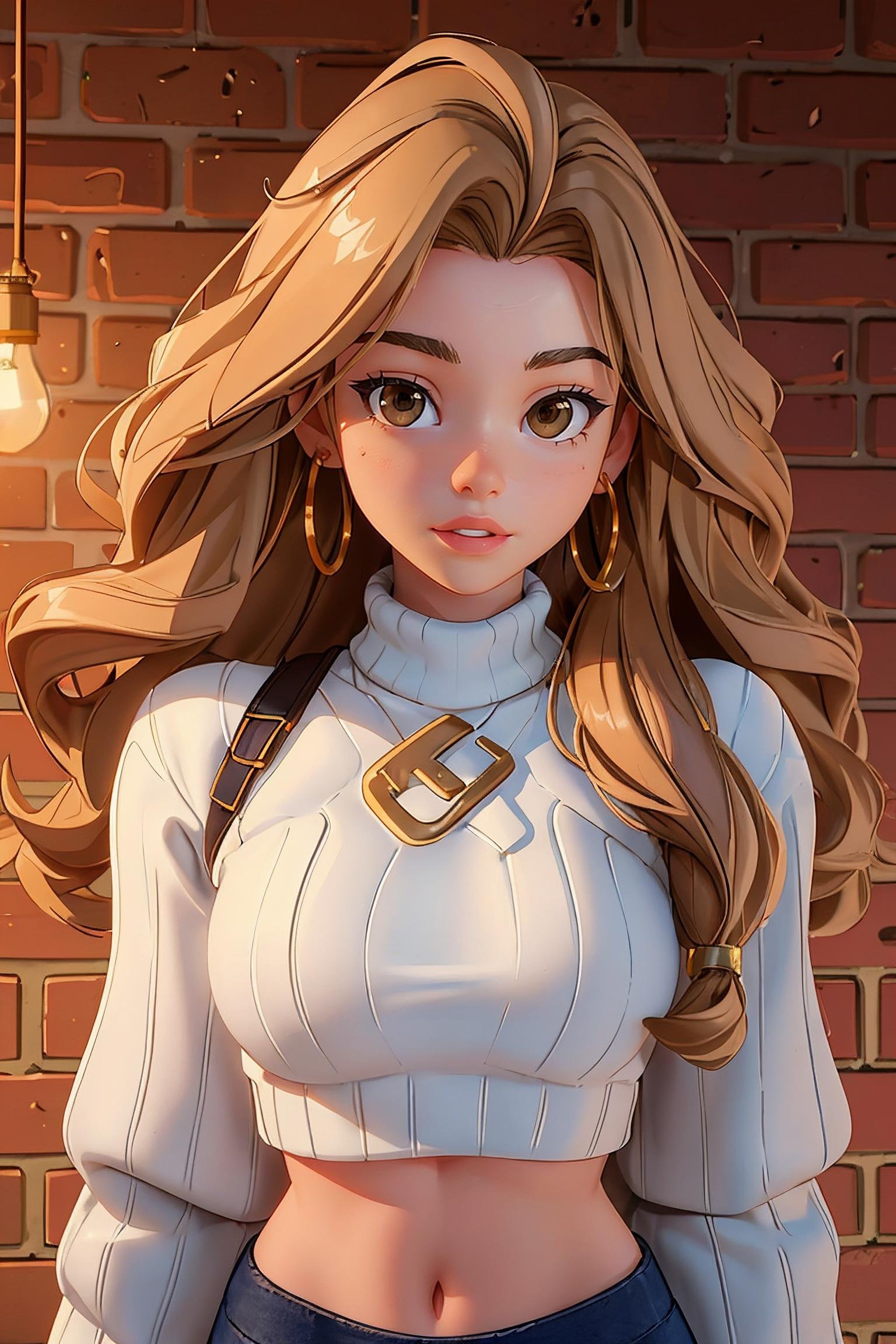 lea elui wearing crop top sweater, long wavy hair, brown hair, blonde hair, multi-tone hair,earrings,close-up, headshot, portrait, brick wall background, hanging lights above head, CGI, 3d, <lora:LeaElui(V1):0.7>