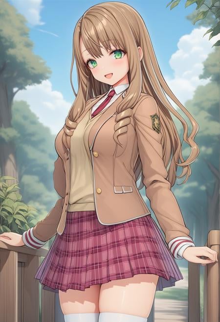 1girl, cowboy shot, smile, open mouth, nature, blue sky, bg_yurina, green eyes, brown hair, long hair, drill hair, bangs, school uniform, brown jacket, blazer, necktie, long sleeves, shirt, plaid skirt, white thighhighs,  <lora:BG_yurina_sdxl_ver1:0.7>best quality, masterpiece