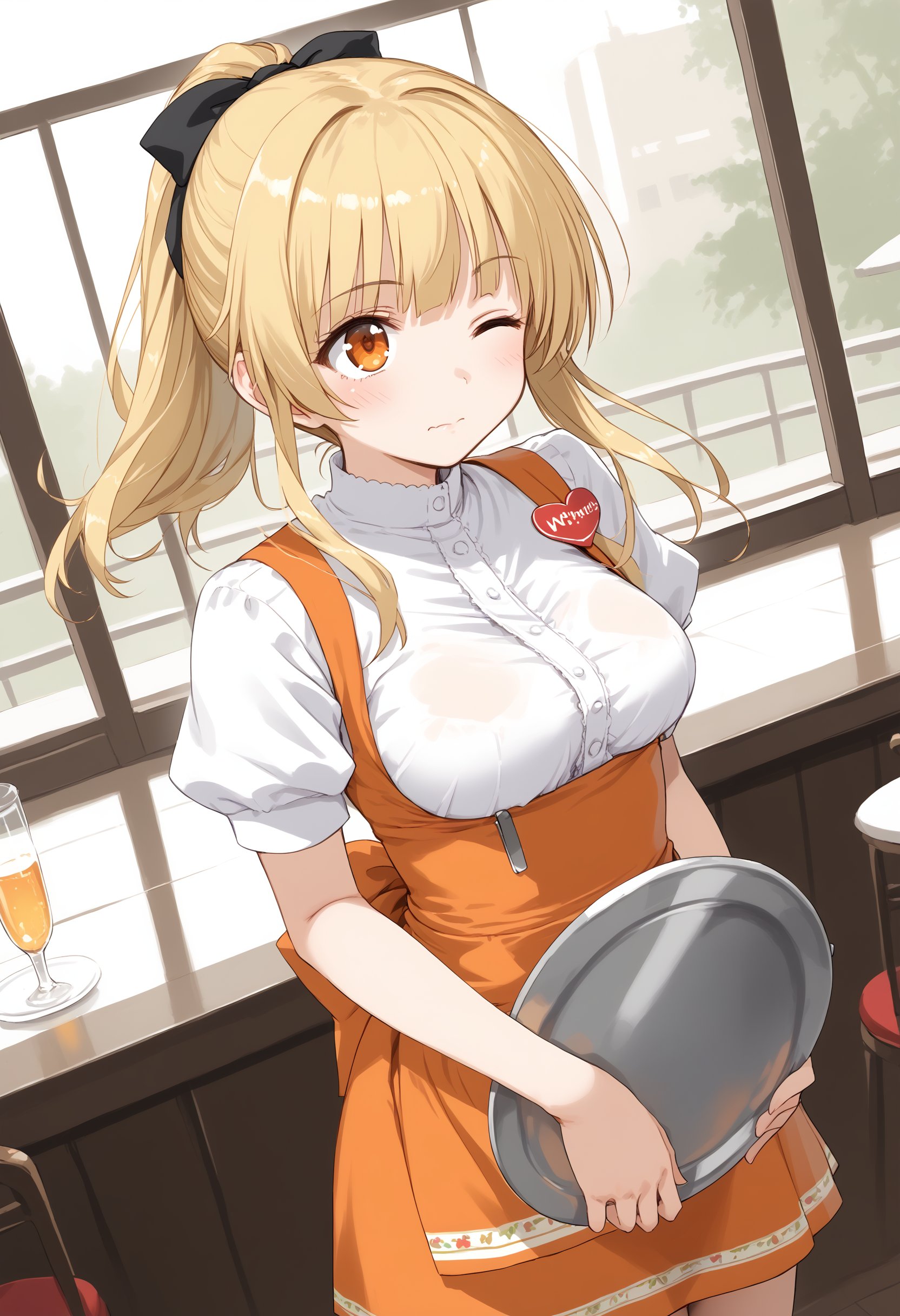 1girl, medium breasts,anna miller ,waitress,name tag,high-waist skirt,suspender skirt, apron,restaurant,  <lora:annamiller_Pony_v1:0.8>dutch angle, cowboy shot, looking up, blonde hair, orange eyes,wince, closed mouth, high ponytail hair,