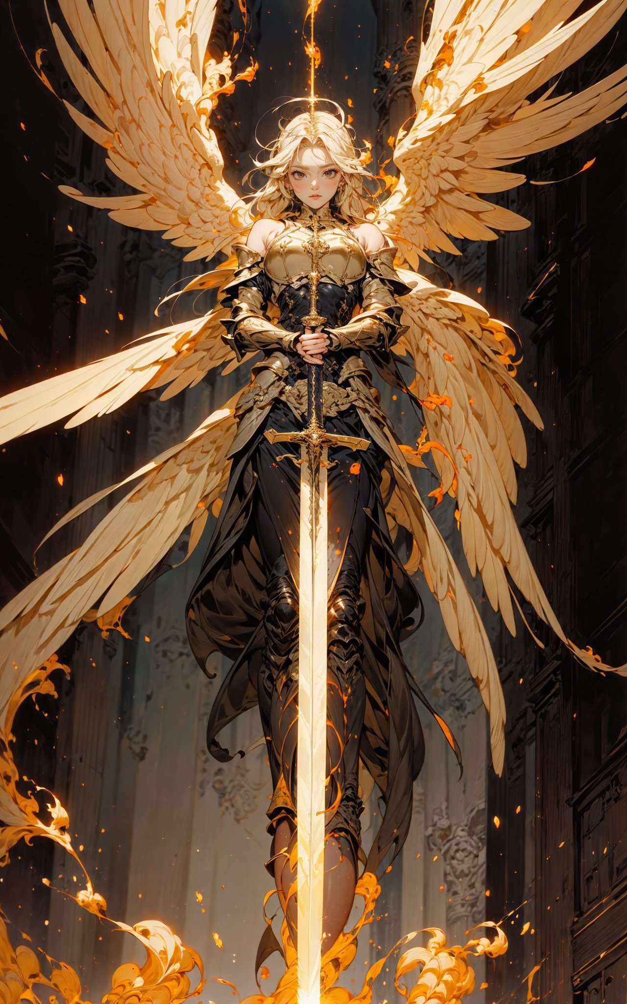 angel,Super powerful flame angel flies out of the clouds, behind him is golden meteor magic surrounding his body, Gothic style, gorgeous golden armor, huge flame great sword, rich background, sword art background, film shooting, depth of field, Super visual, Super visual ,bare shoulders，exposed abdomen，Flamboyant armour，Angel wings. Huge angel wings，<lora:绪儿-巨剑大天使V2 angel:0.8>