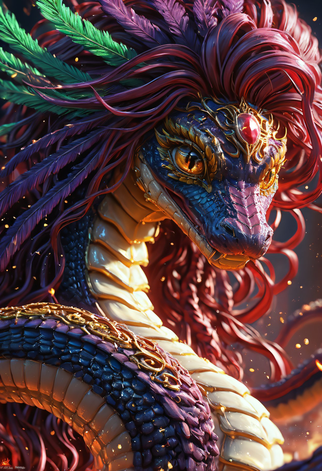 score_9, score_8_up, score_7_up, (masterpiece, best quality, stunning, highly detailed, close-up view of a medusa-phoenix hybrid creature, (intricate feathers, detailed scales, detailed snake-like hair, fiery feathers, ), dramatic lighting, HDR, (, mythical, fantasy, ), oil painting), legendary creature, trending on artstation