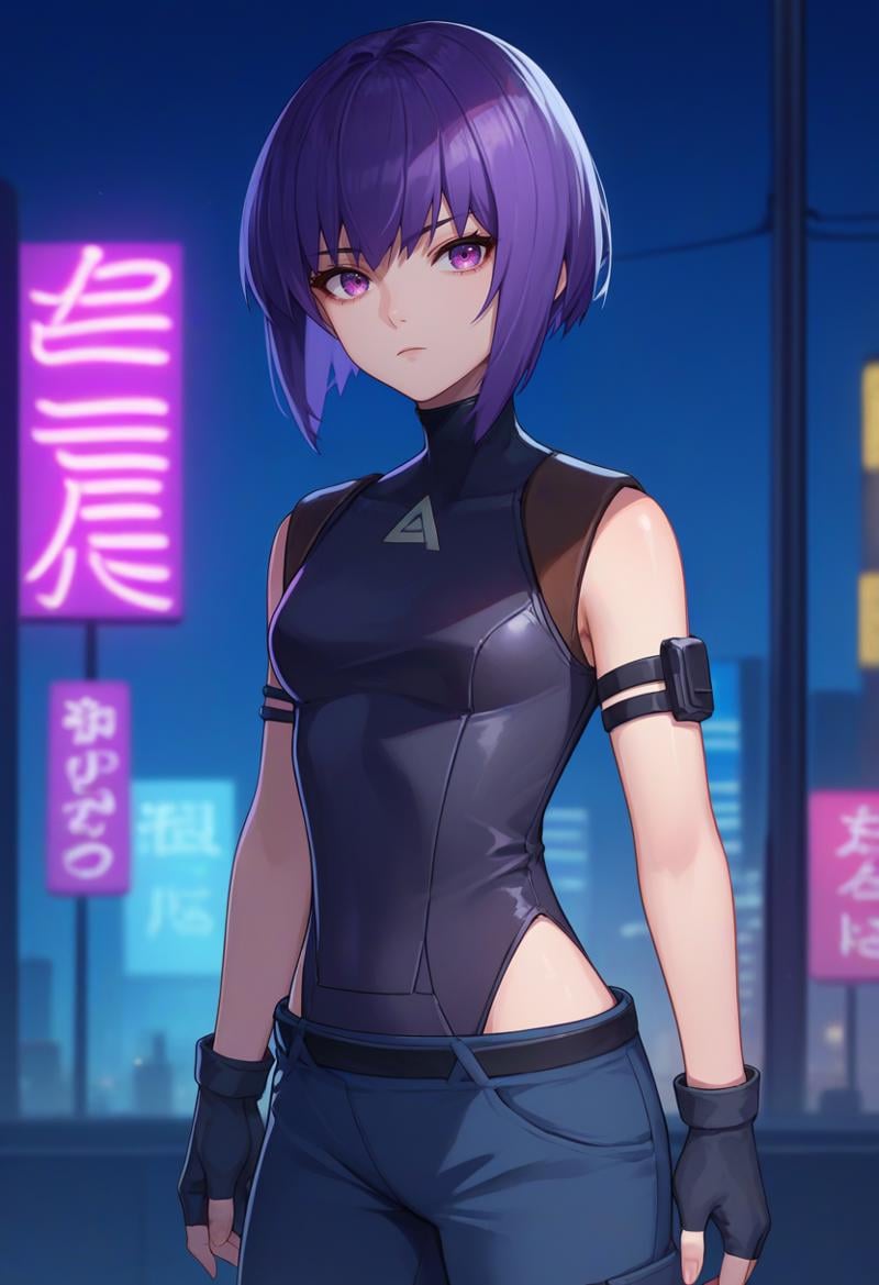 score_9, score_8_up, score_7_up, source_anime, solo, 1girl, motoko2045, expressionless, looking at viewer, standing, purple eyes, black leotard, highleg leotard, arm strap, black gloves, fingerless gloves, blue pants, belt, outdoors, city street, neon lights <lora:ghostintheshell_kusanagi_ponyXL-2045:1>