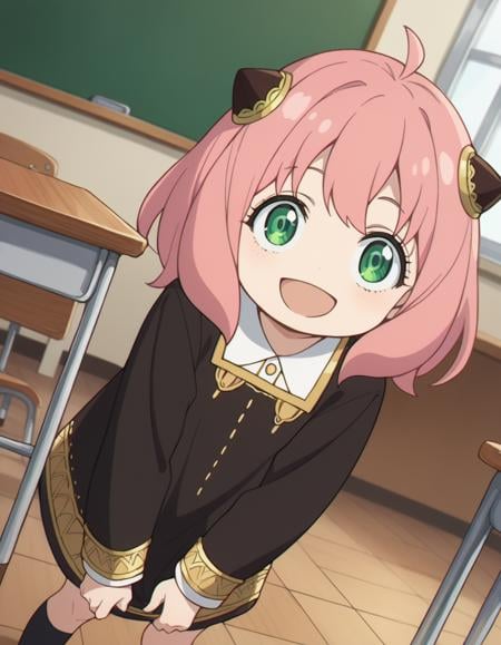 score_9, score_8_up, score_7_up, source_anime,anyaforger, <lora:anya-forger-ponyxl-lora-nochekaiser:1>,anya forger, anya forger, bangs, green eyes, pink hair, ahoge, hair ornament, hairpods, child, female child, smile,long sleeves, dress, school uniform, socks, black dress, eden academy school uniform,indoors, classroom, bent over, open mouth,looking at viewer, cowboy shot, dutch angle,