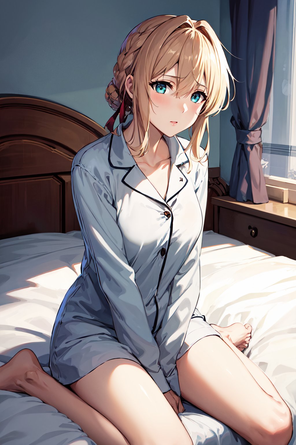 masterpiece, best quality, highres, violet evergarden, braid, hair ribbon, red ribbon, <lora:violet_evergarden_v1:0.7>, pajama, bare legs, indroos, sitting, bed